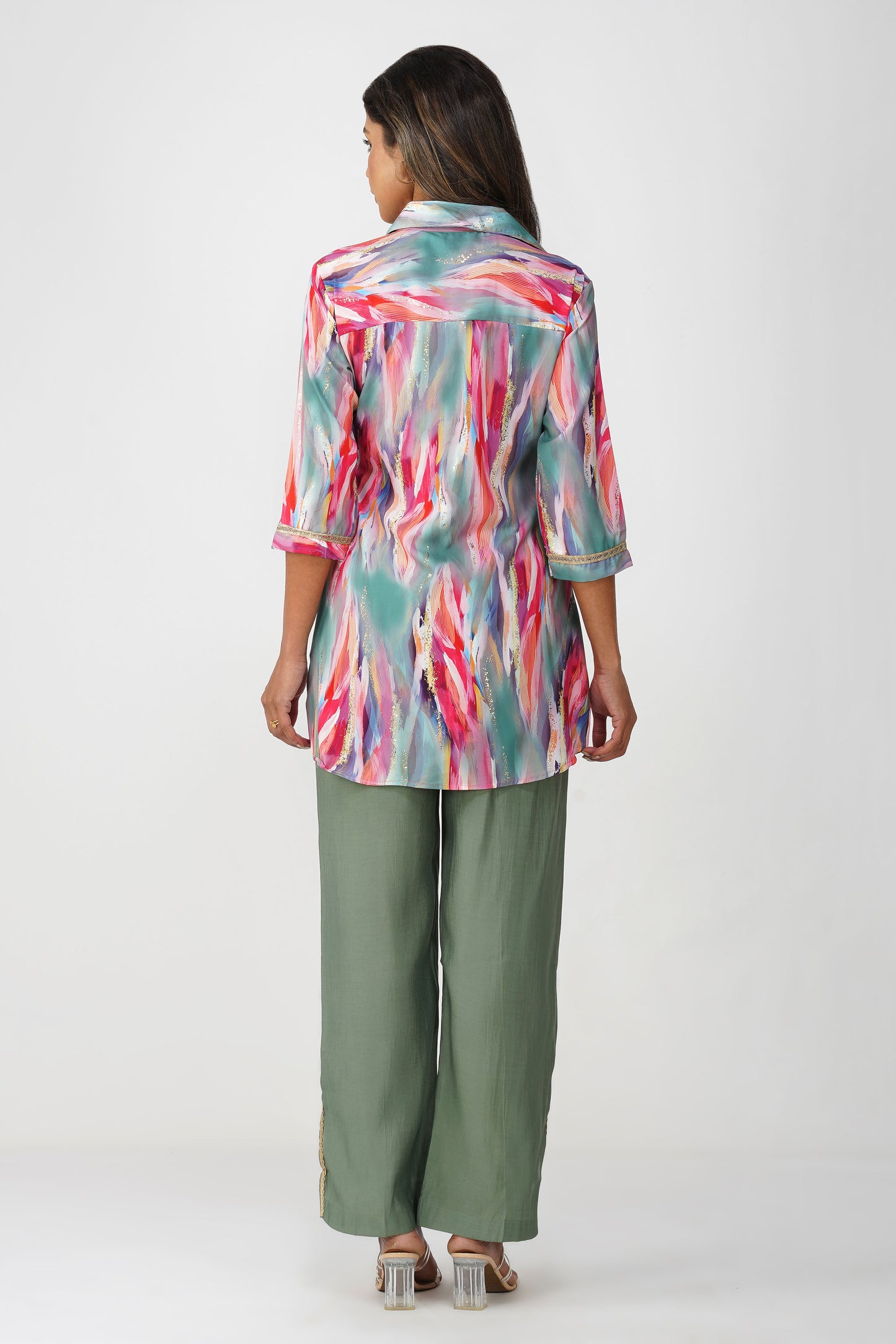 Paint Brush Satin Coord Set โ Coral Teal Mirage