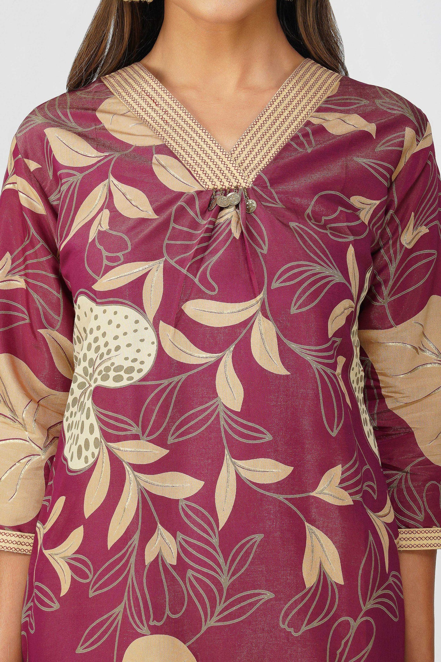 Maya Shiny Silk Coord Set – Maroon Gold Flora