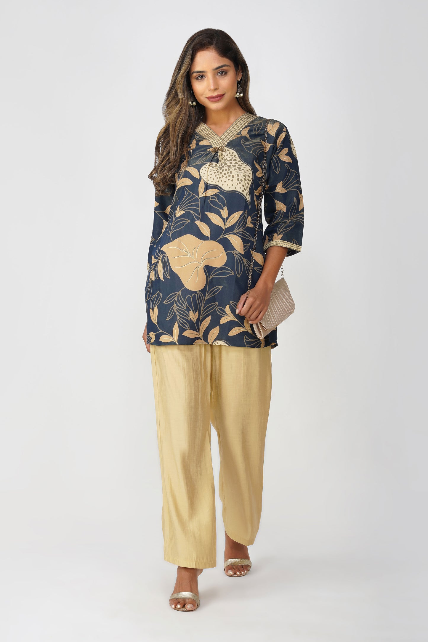 Maya Shiny Silk Coord Set – Navy Gold Bloom