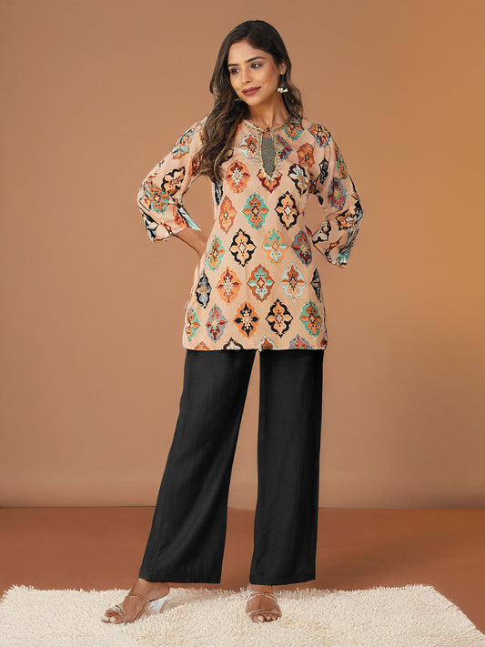 Ruhi Ikat Satin Silk Kurta Set – Peach Festive Bloom
