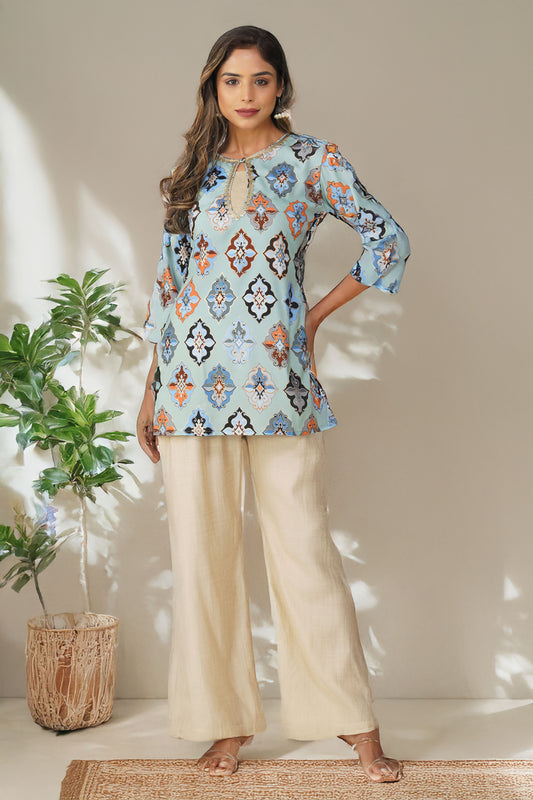 Ruhi Ikat Satin Silk Kurta Set – Mint Mosaic