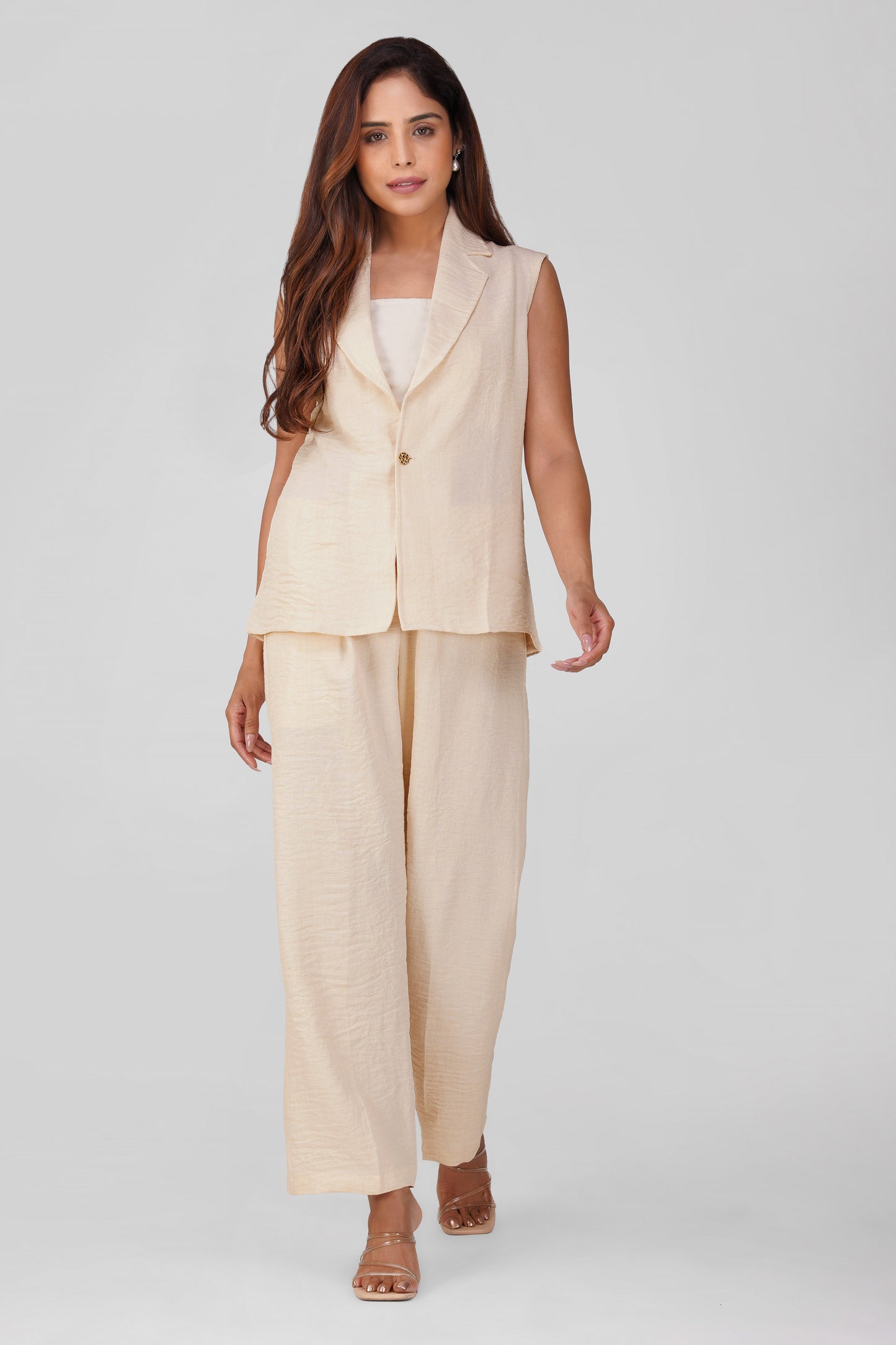 Asmi Linen Jacket Co-ord Set – Ivory with Paperbag Trousers | Bindigasm