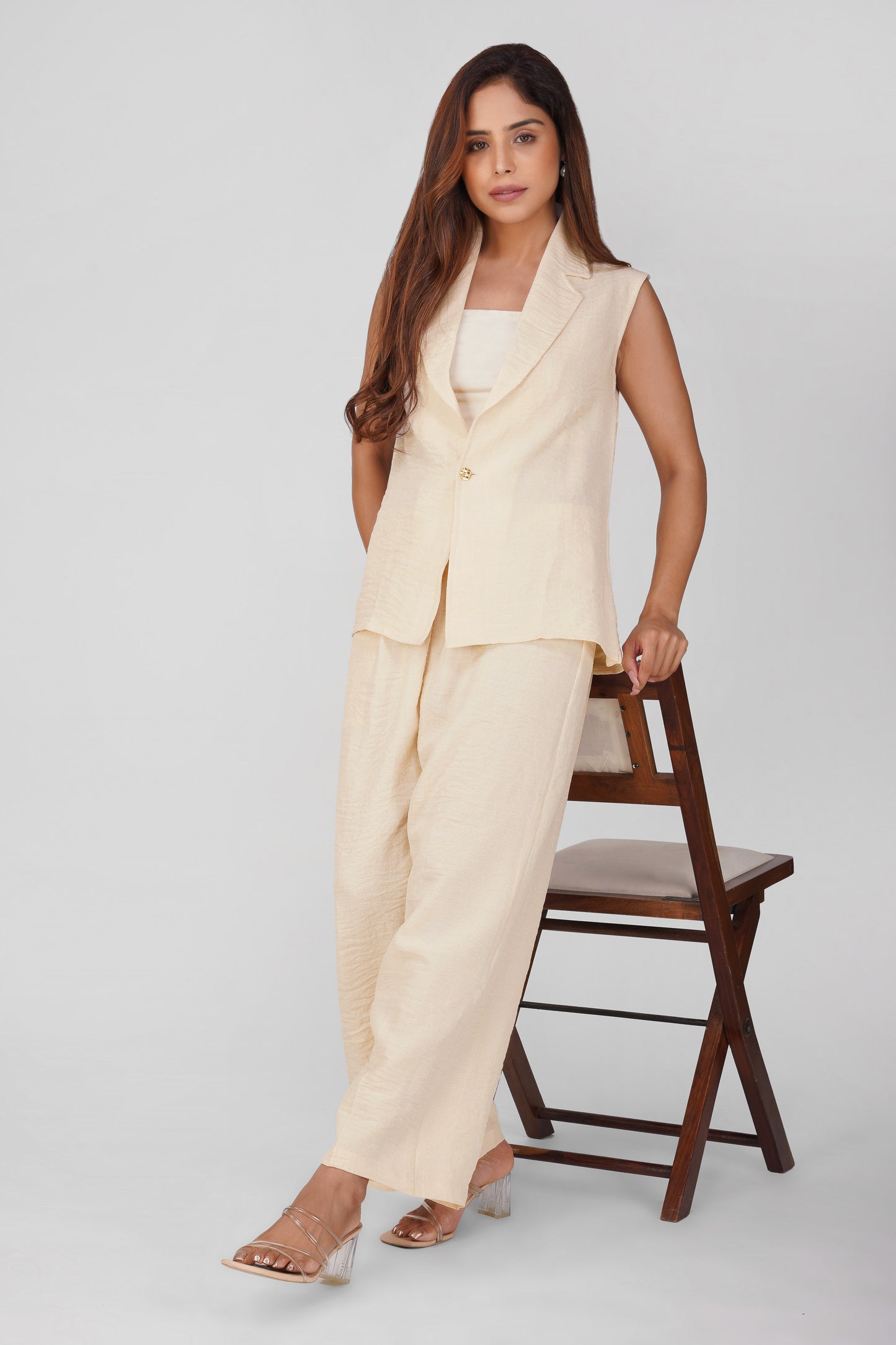 Asmi Linen Jacket Co-ord Set – Ivory with Paperbag Trousers | Bindigasm