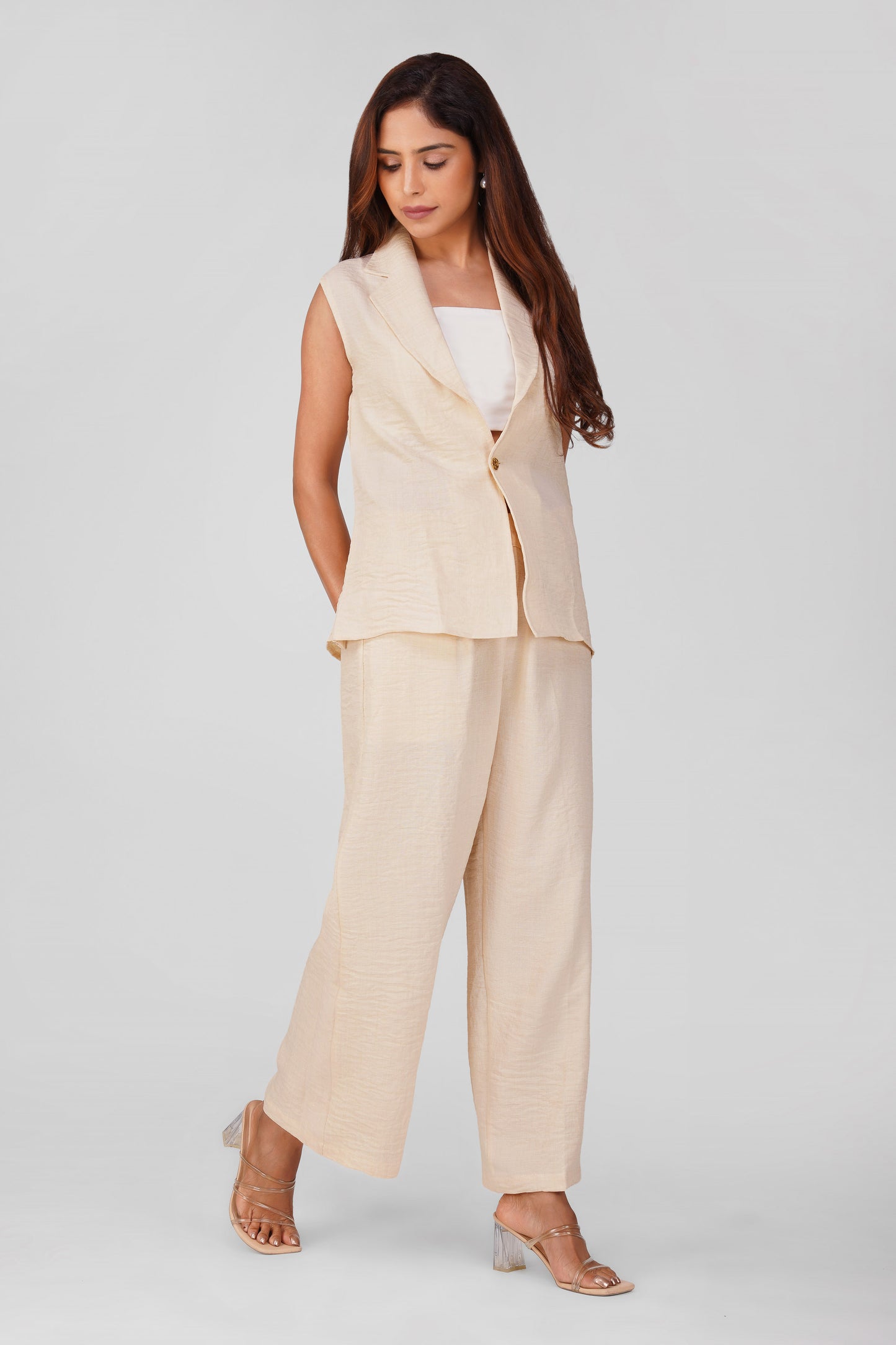 Asmi Linen Jacket Co-ord Set – Ivory with Paperbag Trousers | Bindigasm