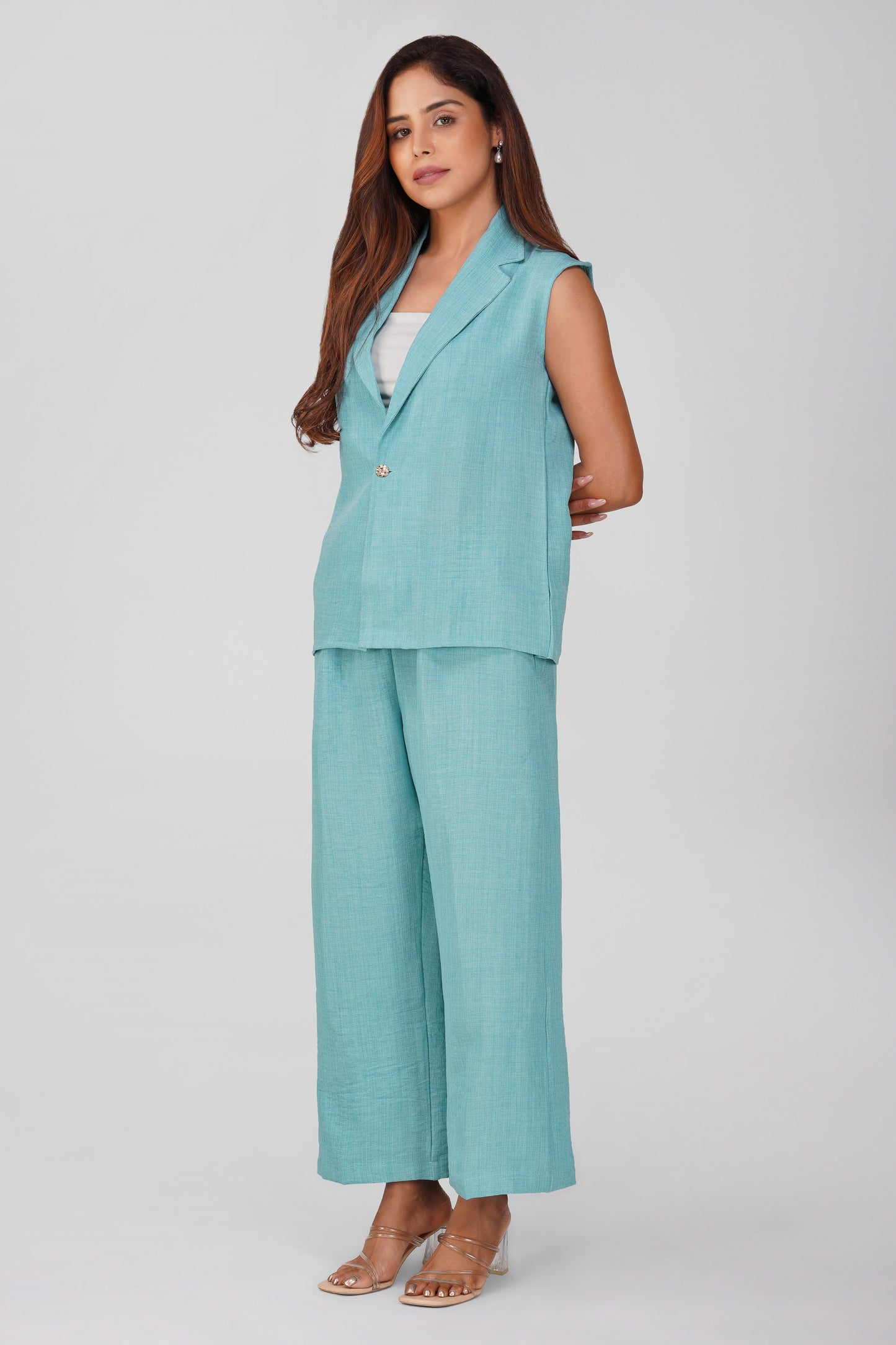 Asmi Linen Jacket Co-ord Set – Sky Blue with Paperbag Trousers | Bindigasm
