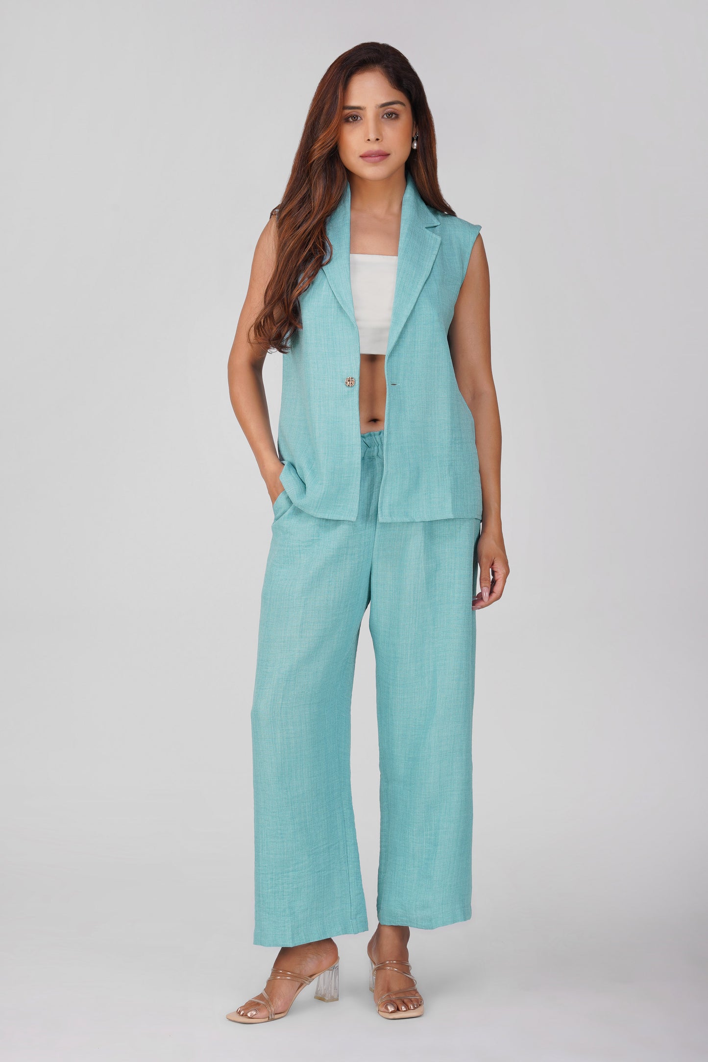 Asmi Linen Jacket Co-ord Set – Sky Blue with Paperbag Trousers | Bindigasm