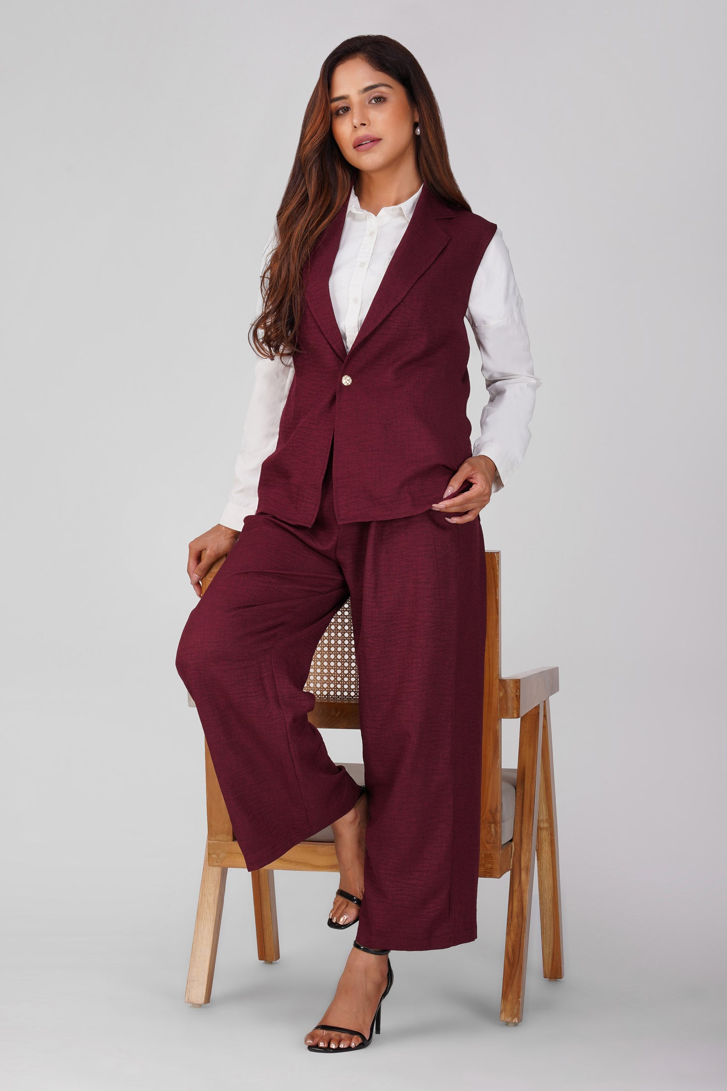 Asmi Linen Jacket Co-ord Set – Maroon with Paperbag Trousers | Bindigasm
