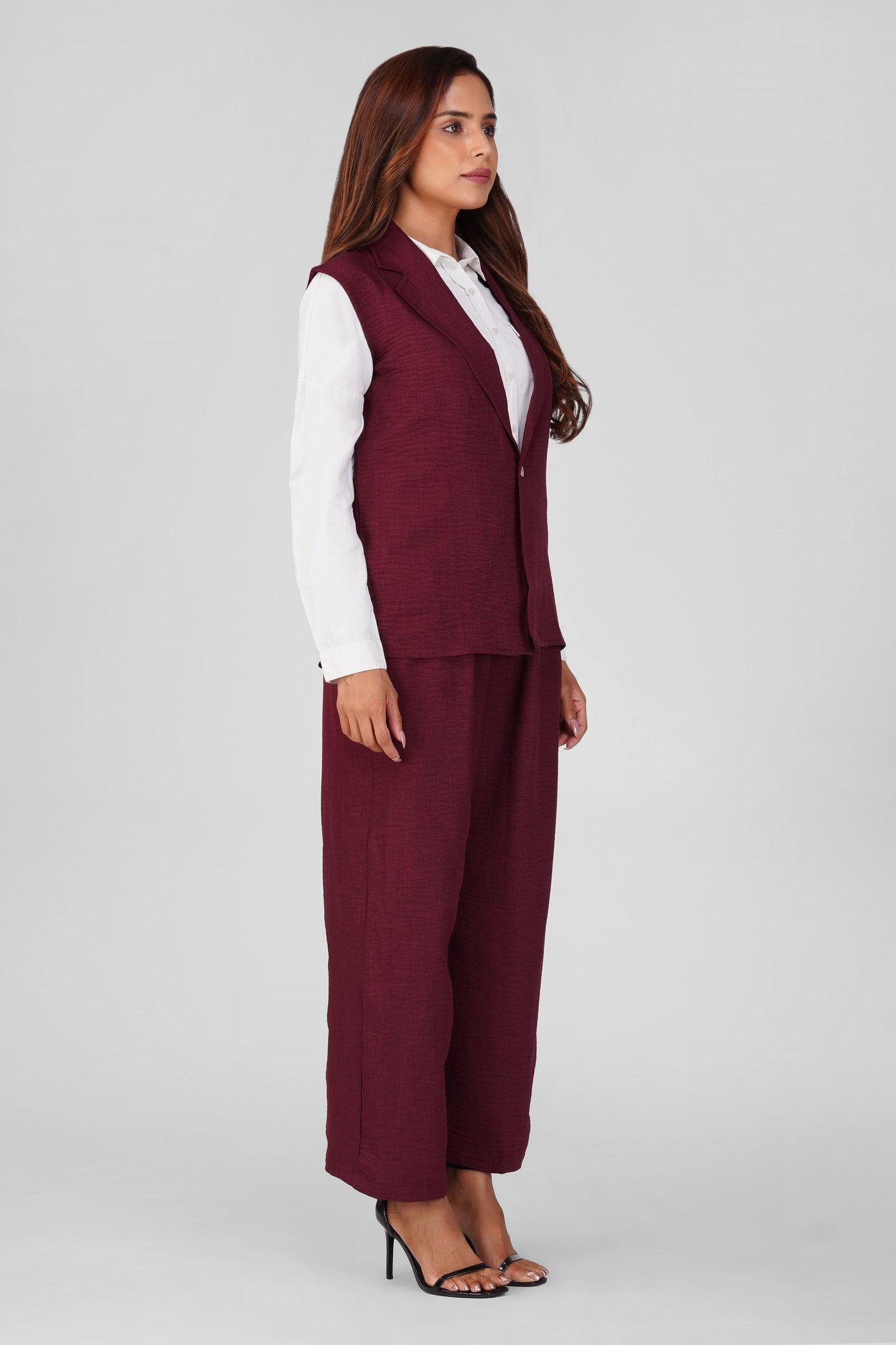 Asmi Linen Jacket Co-ord Set – Maroon with Paperbag Trousers | Bindigasm