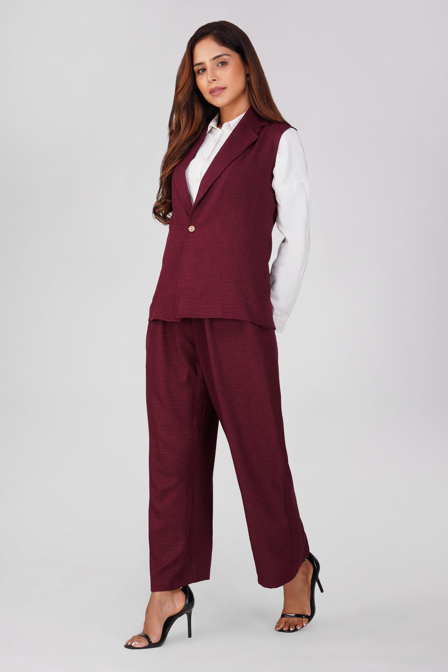 Asmi Linen Jacket Co-ord Set – Maroon with Paperbag Trousers | Bindigasm