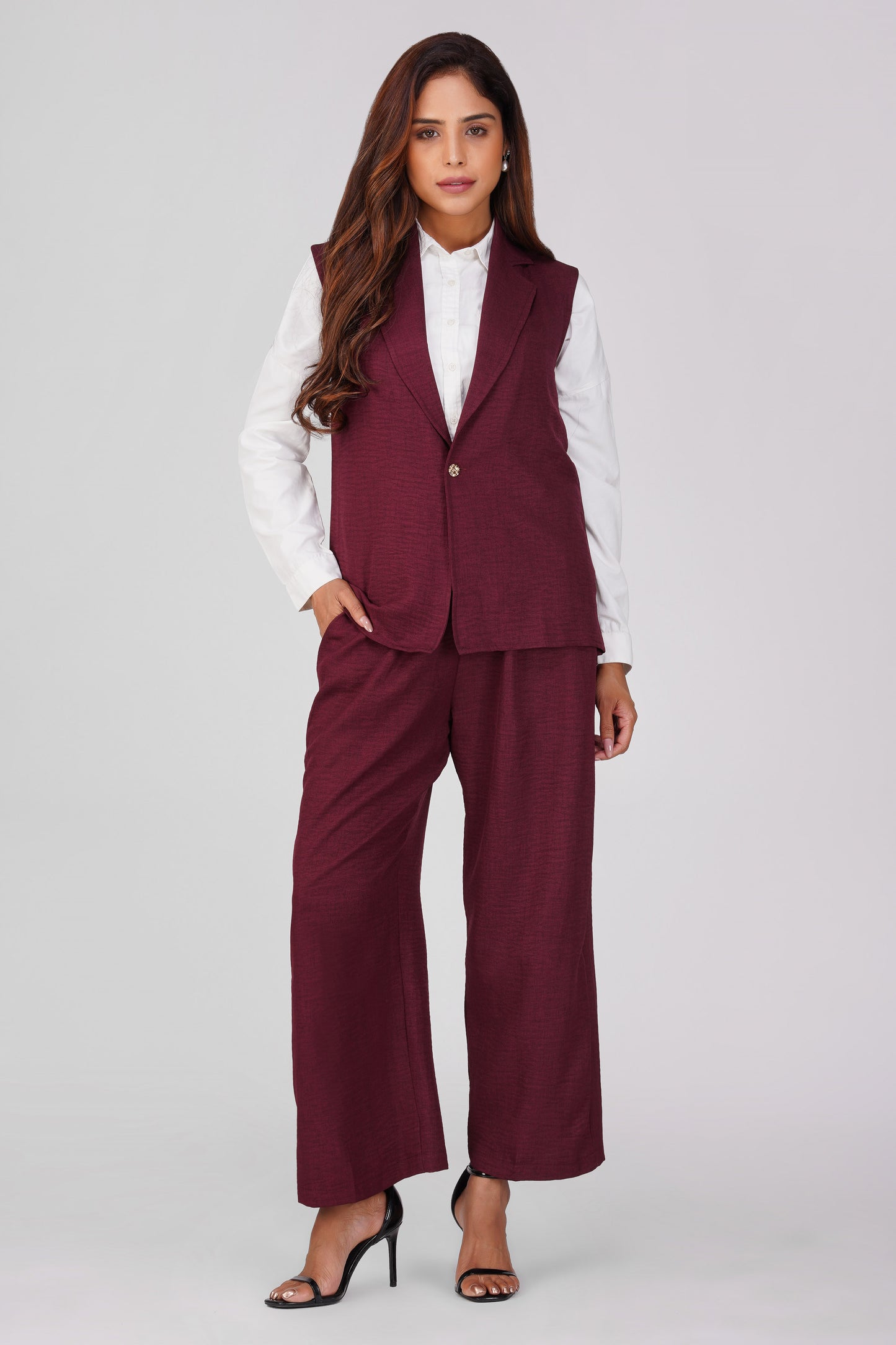 Asmi Linen Jacket Co-ord Set – Maroon with Paperbag Trousers | Bindigasm