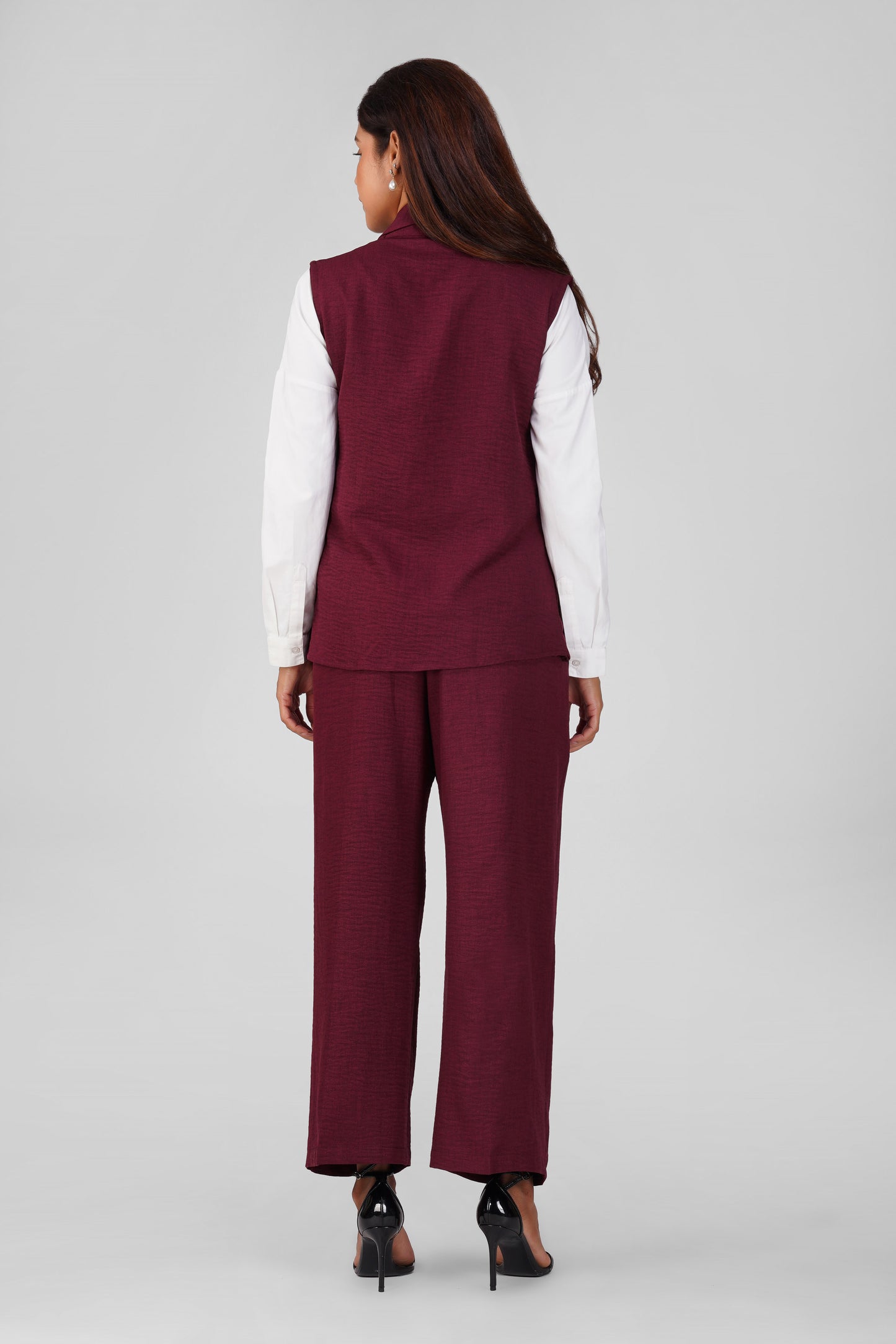Asmi Linen Jacket Co-ord Set – Maroon with Paperbag Trousers | Bindigasm