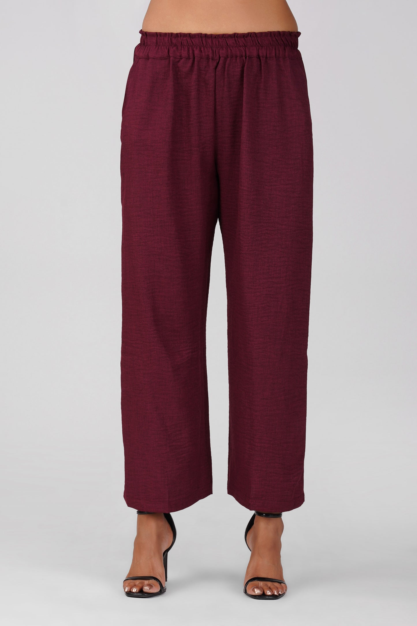 Asmi Linen Jacket Co-ord Set – Maroon with Paperbag Trousers | Bindigasm