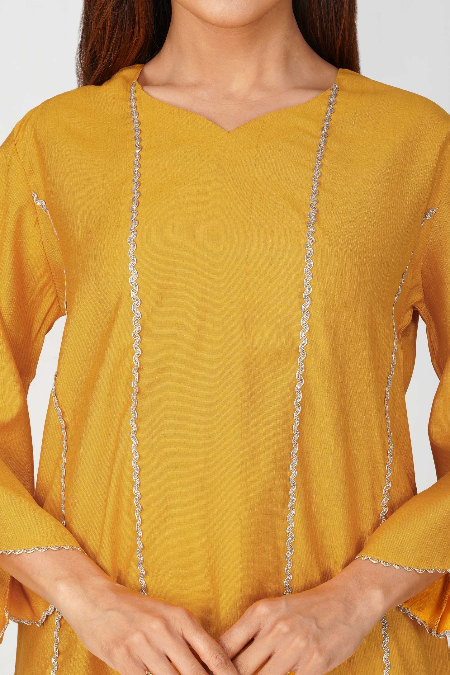 Cham Cham Co-ord Set – Mango | Elegant V-Neck Short Kurta with Gold Threads – Bindigasm