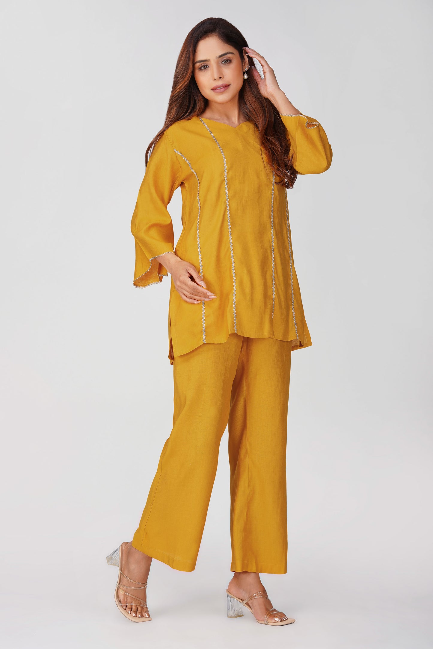 Cham Cham Co-ord Set – Mango | Elegant V-Neck Short Kurta with Gold Threads – Bindigasm