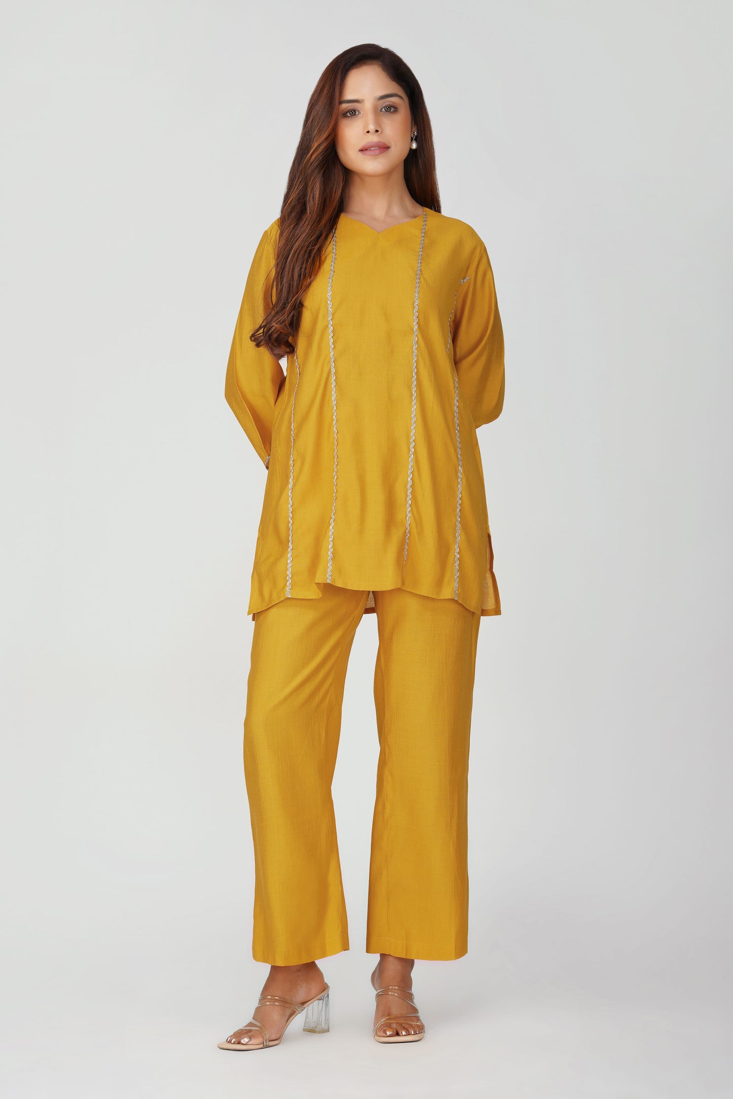 Cham Cham Co-ord Set – Mango | Elegant V-Neck Short Kurta with Gold Threads – Bindigasm