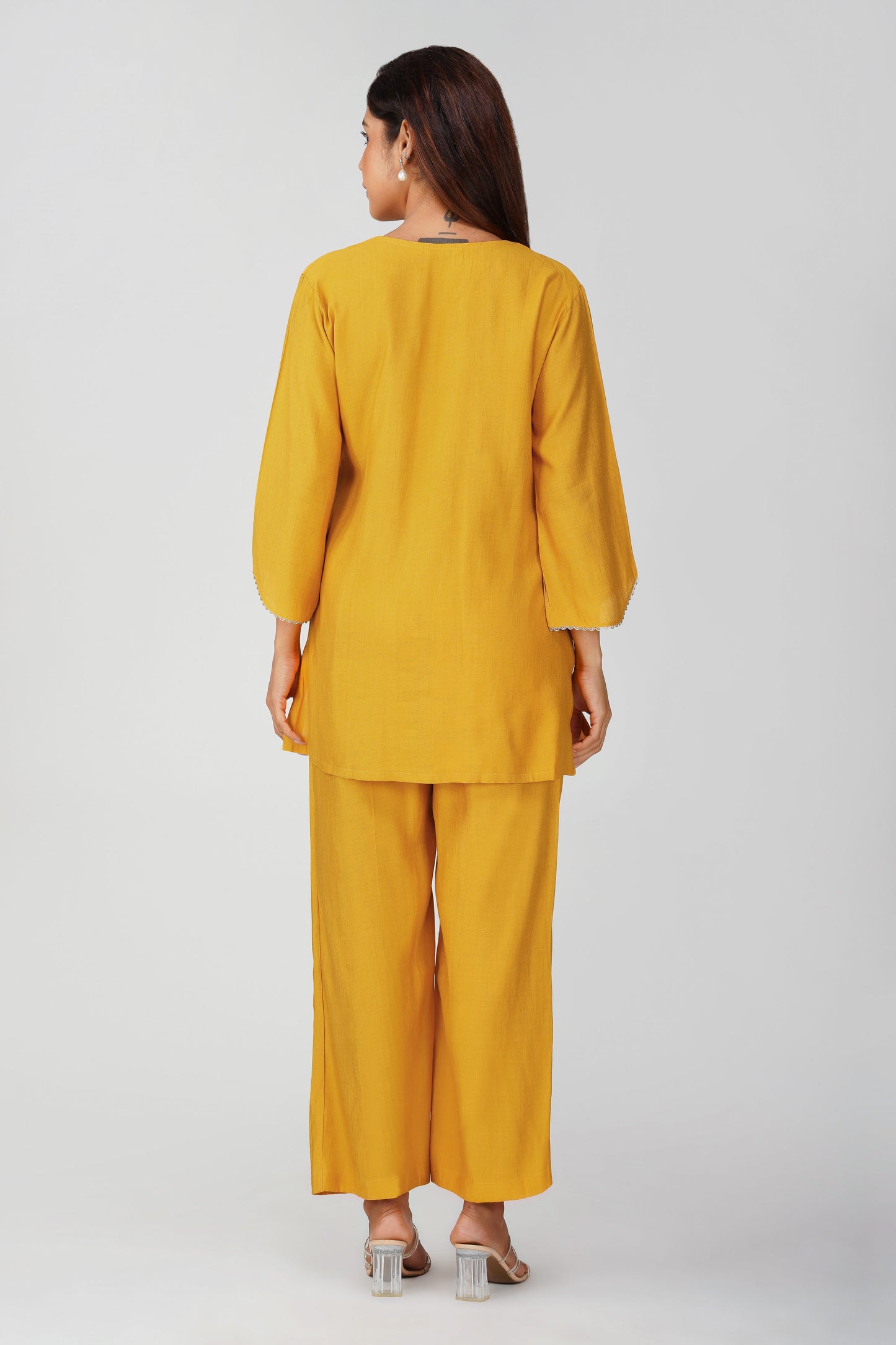 Cham Cham Co-ord Set – Mango | Elegant V-Neck Short Kurta with Gold Threads – Bindigasm