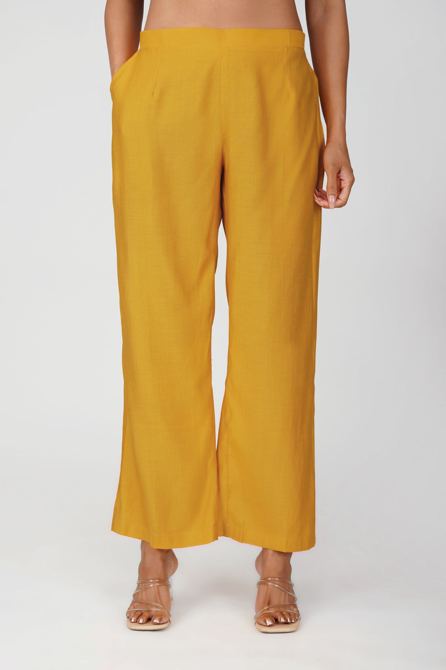 Cham Cham Co-ord Set – Mango | Elegant V-Neck Short Kurta with Gold Threads – Bindigasm