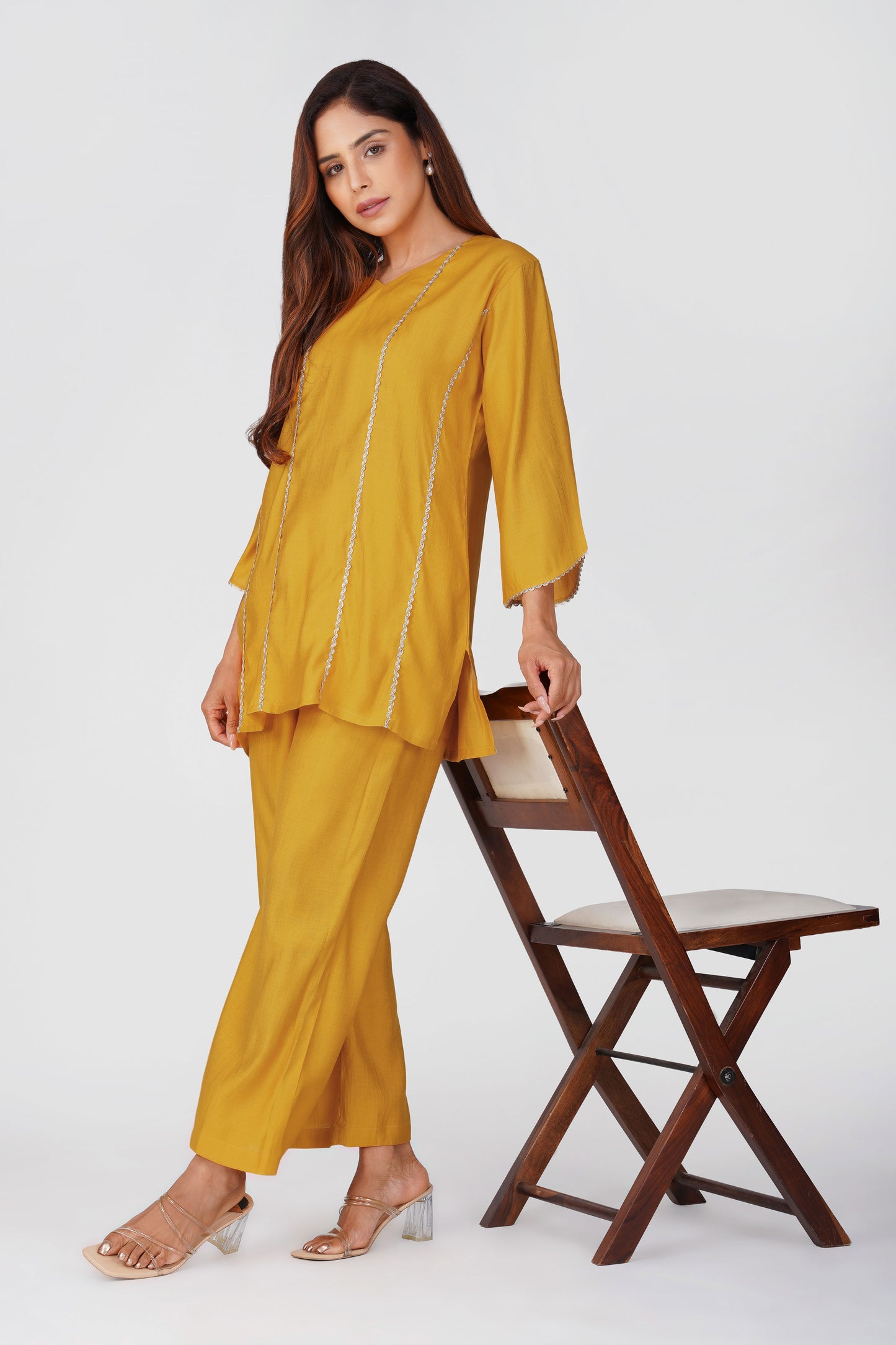 Cham Cham Co-ord Set – Mango | Elegant V-Neck Short Kurta with Gold Threads – Bindigasm