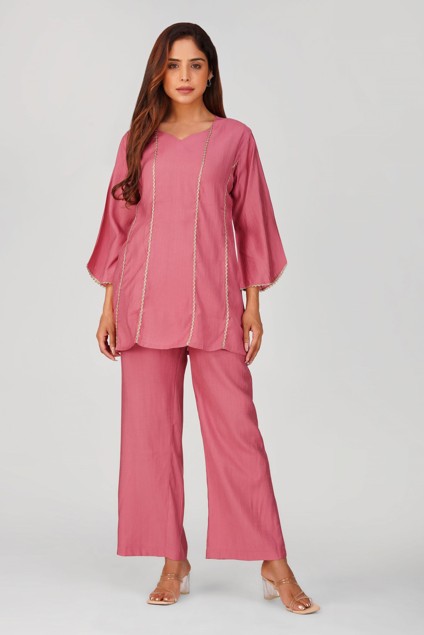 Cham Cham Co-ord Set – Onion Pink | Elegant V-Neck Short Kurta with Gold Threads – Bindigasm