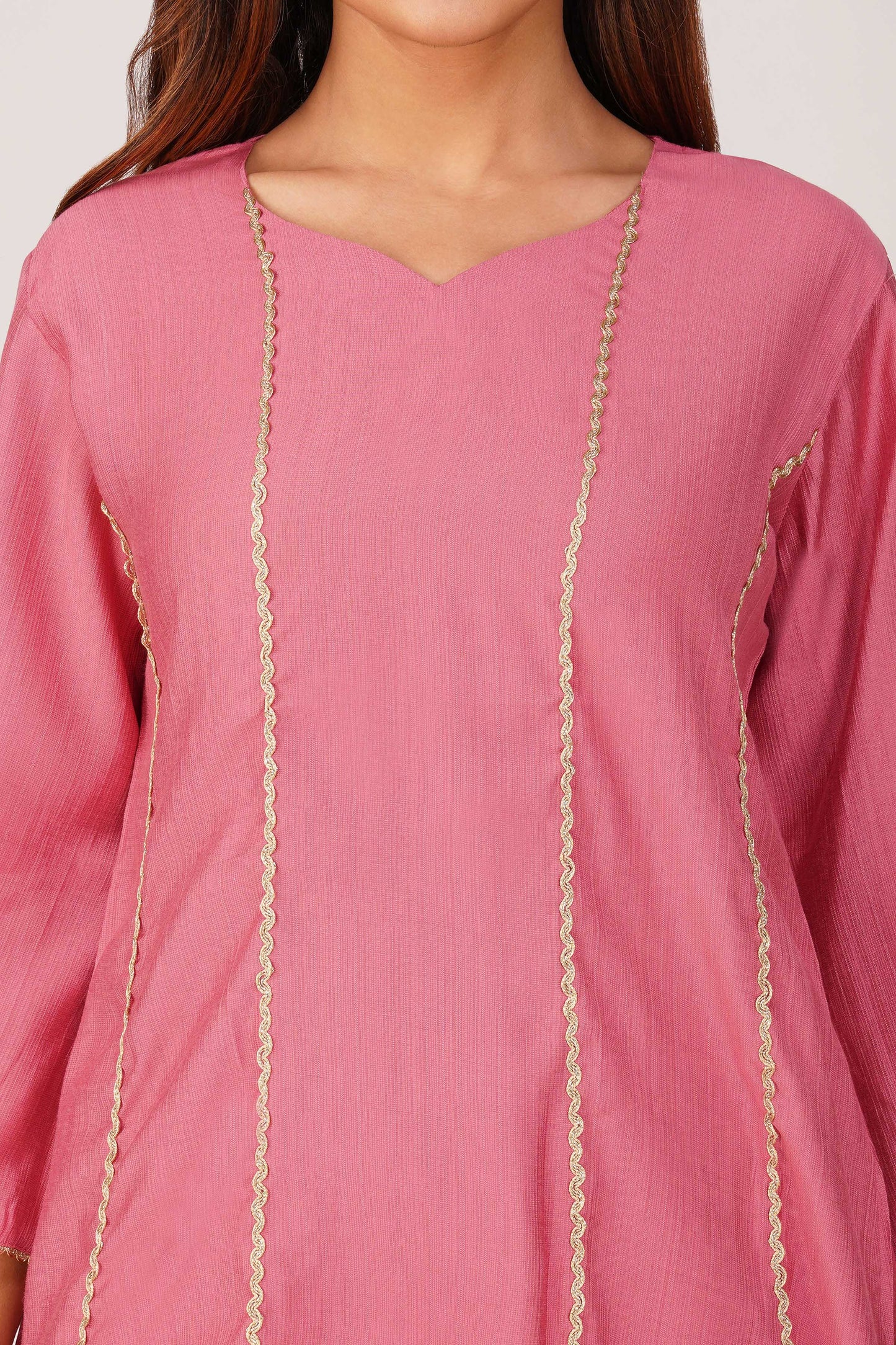 Cham Cham Co-ord Set – Onion Pink | Elegant V-Neck Short Kurta with Gold Threads – Bindigasm