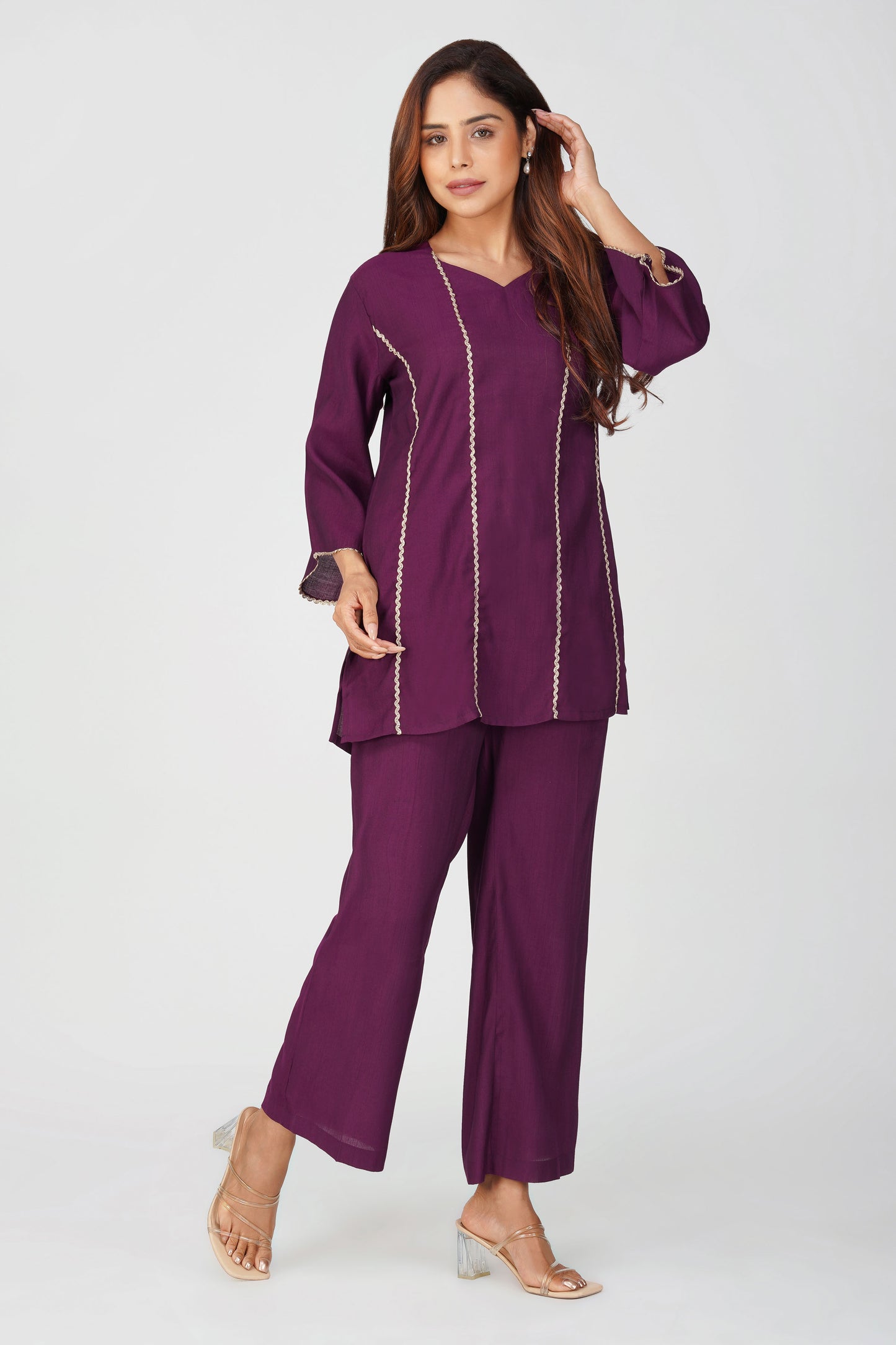 Cham Cham Co-ord Set – Purple | Elegant V-Neck Short Kurta with Gold Threads – Bindigasm