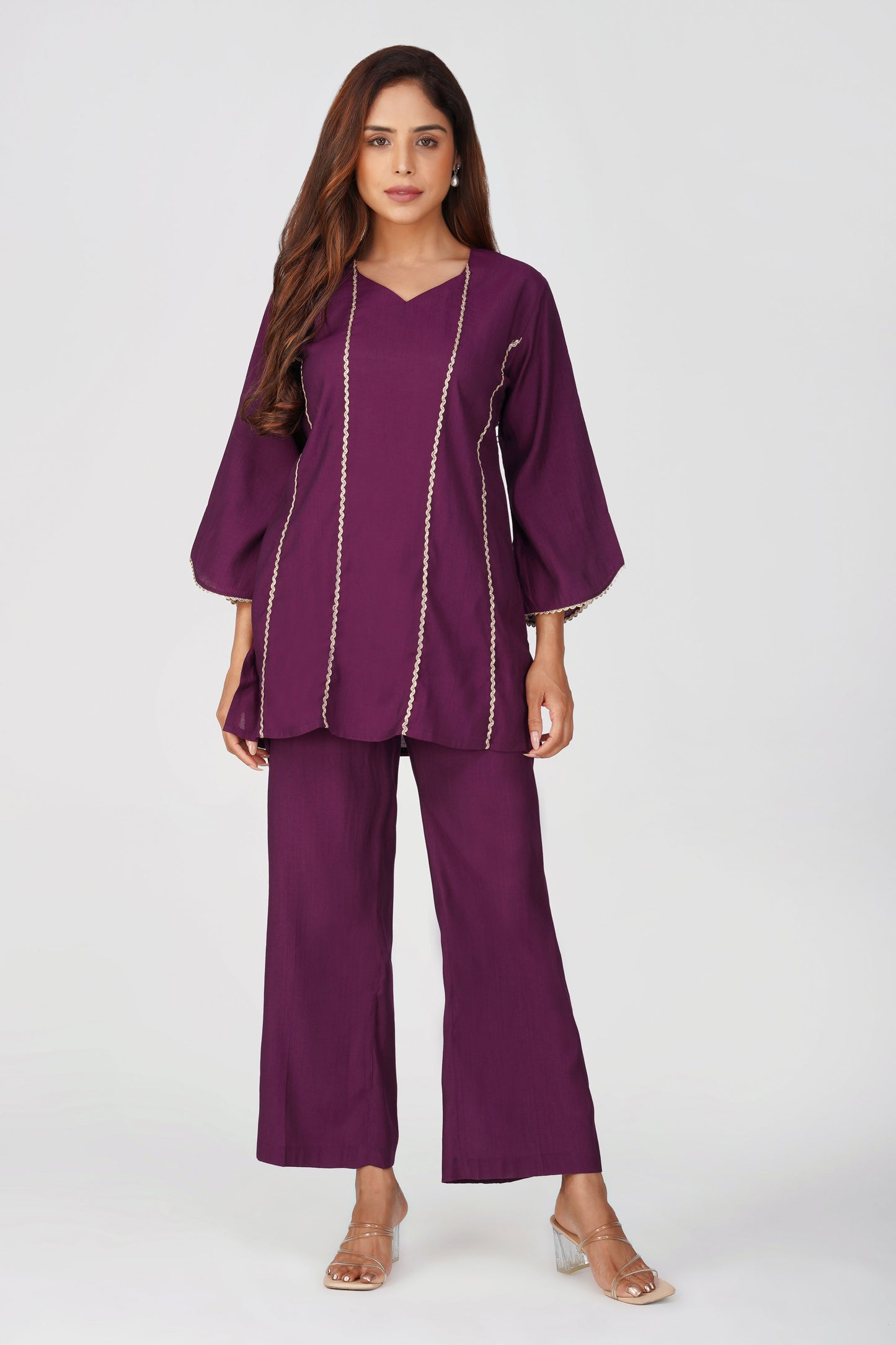 Cham Cham Co-ord Set – Purple | Elegant V-Neck Short Kurta with Gold Threads – Bindigasm