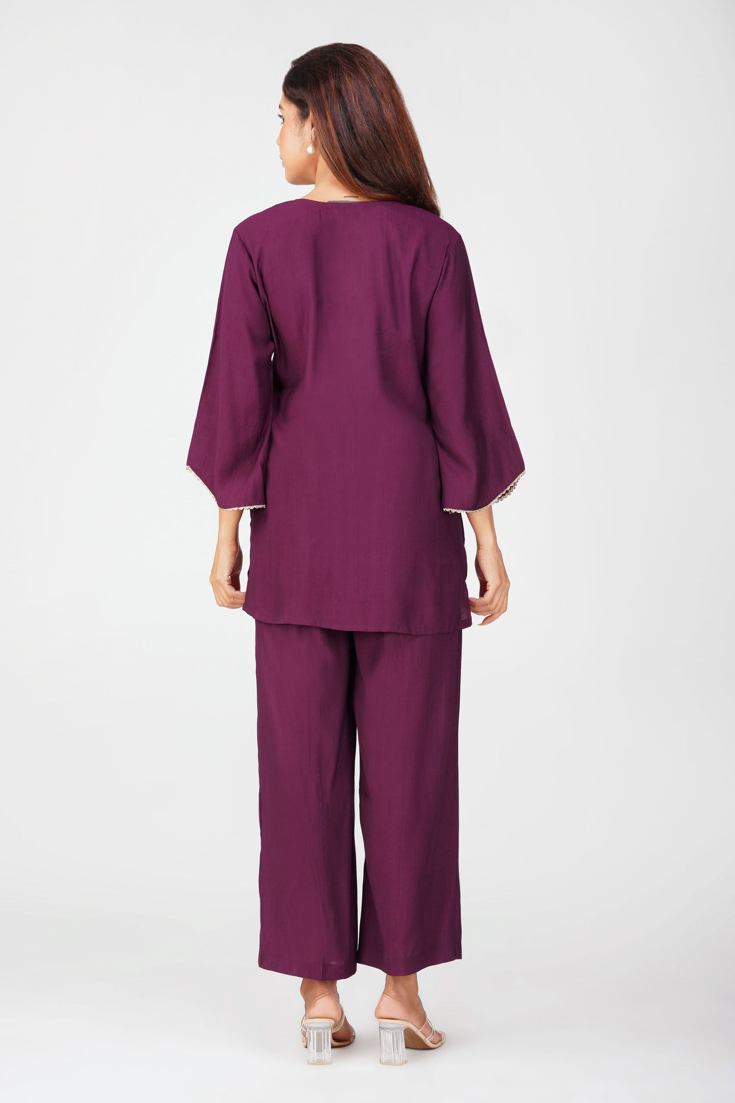 Cham Cham Co-ord Set – Purple | Elegant V-Neck Short Kurta with Gold Threads – Bindigasm
