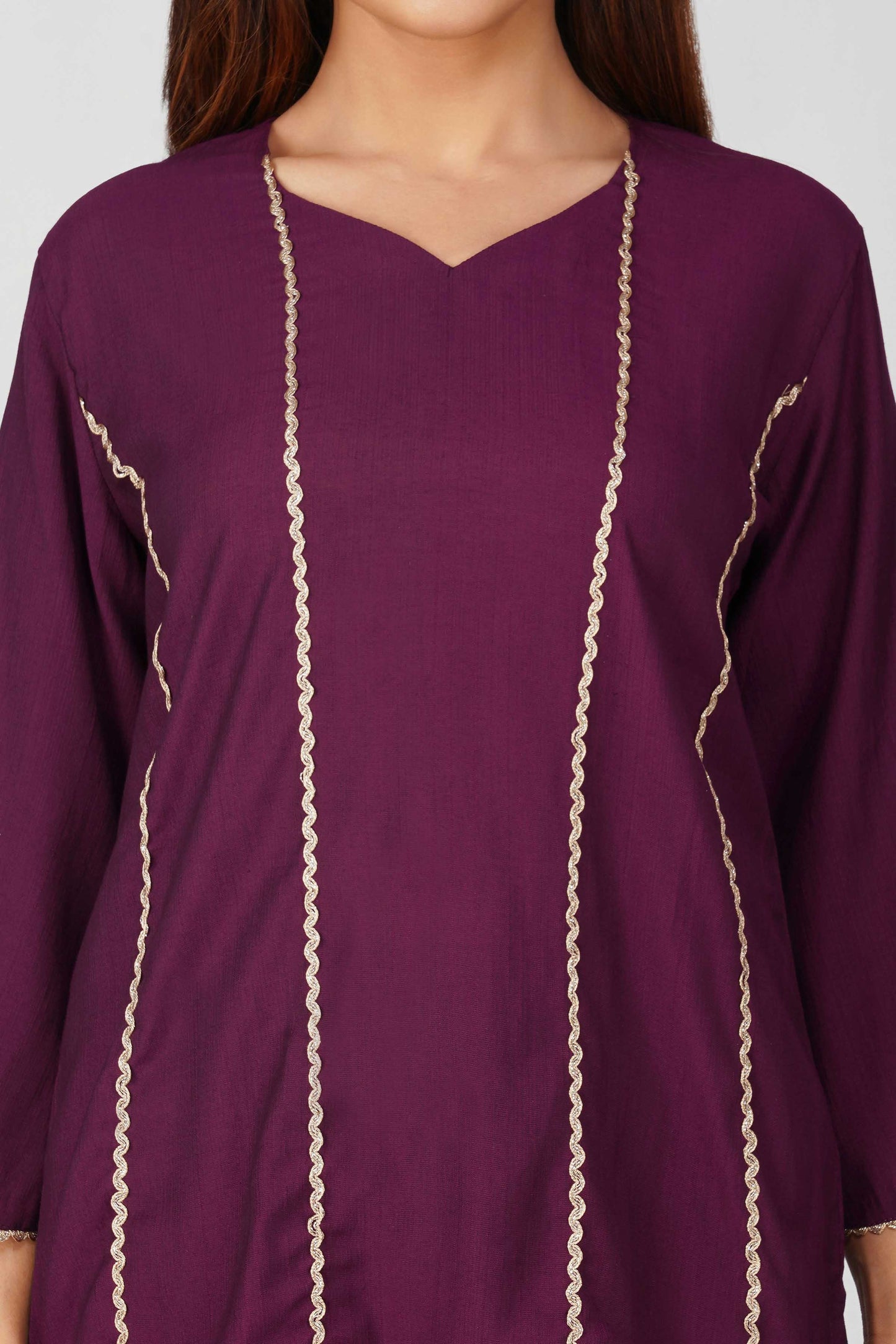 Cham Cham Co-ord Set – Purple | Elegant V-Neck Short Kurta with Gold Threads – Bindigasm