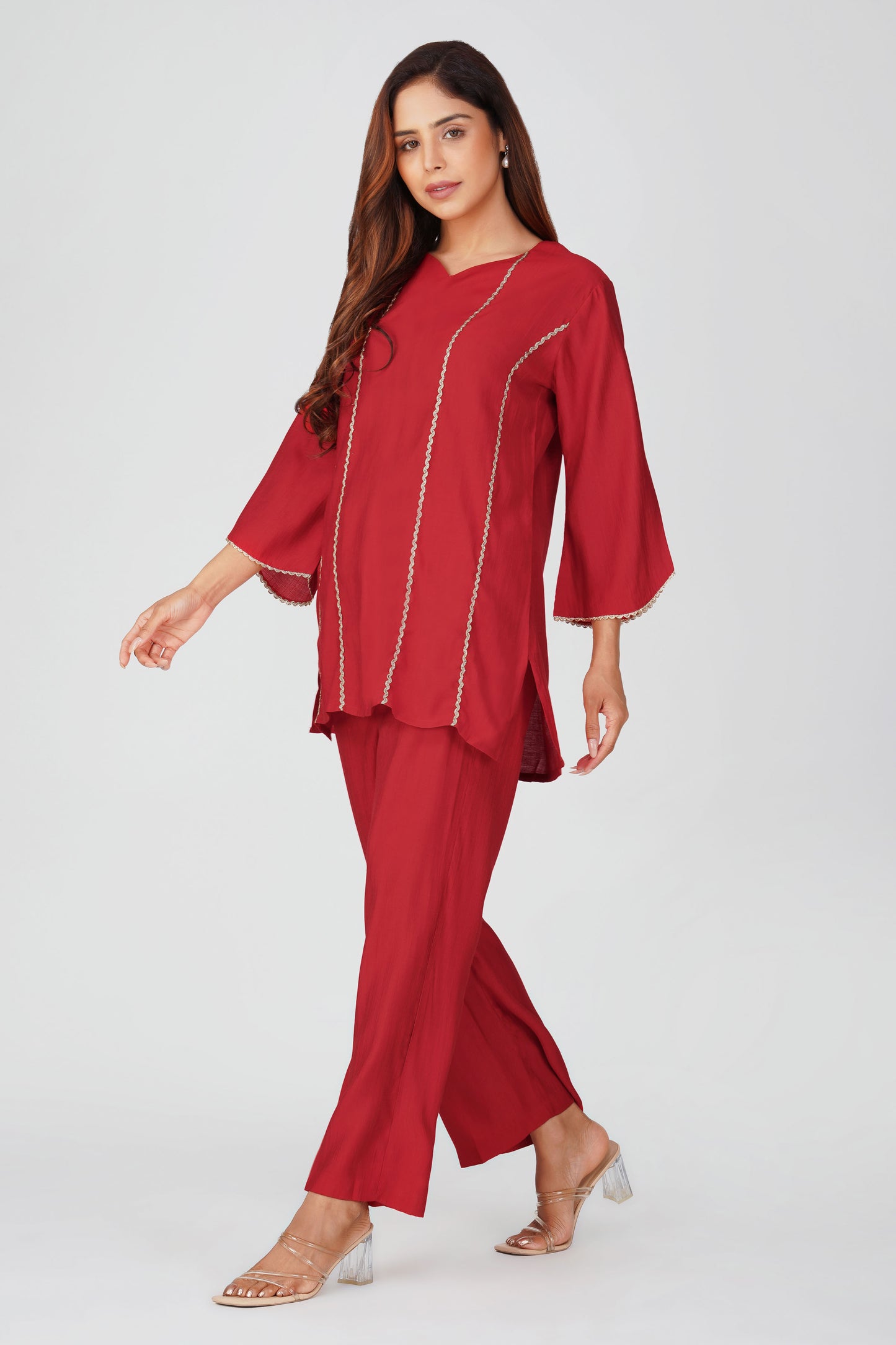 Cham Cham Co-ord Set – Red | Elegant V-Neck Short Kurta with Gold Threads – Bindigasm