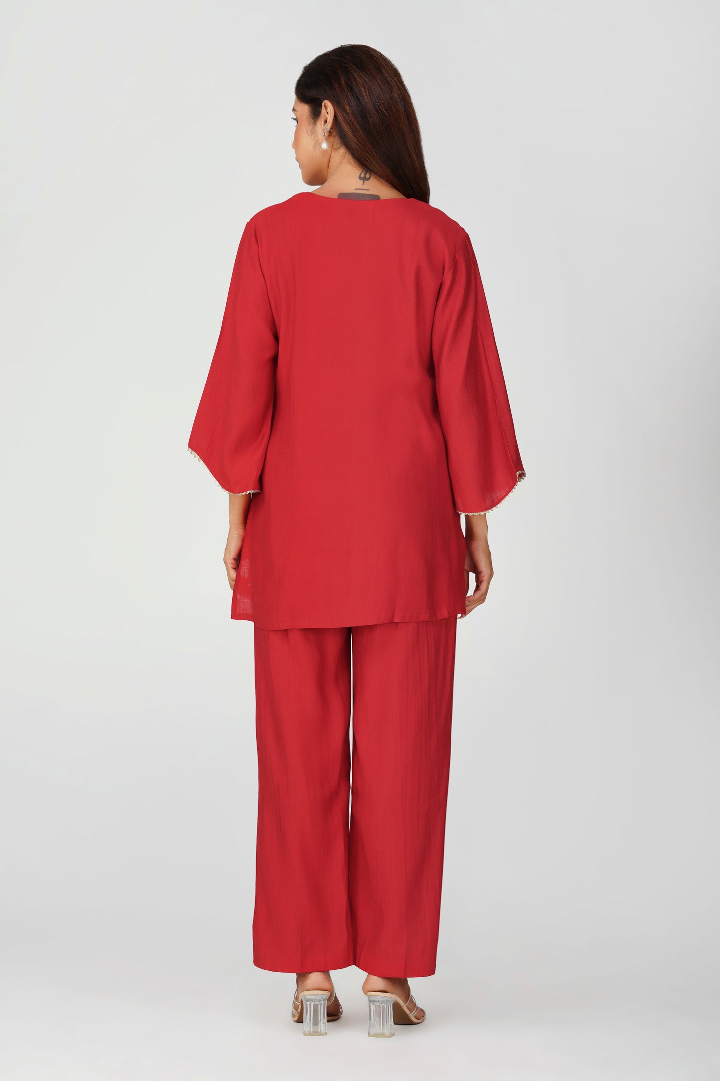 Cham Cham Co-ord Set – Red | Elegant V-Neck Short Kurta with Gold Threads – Bindigasm