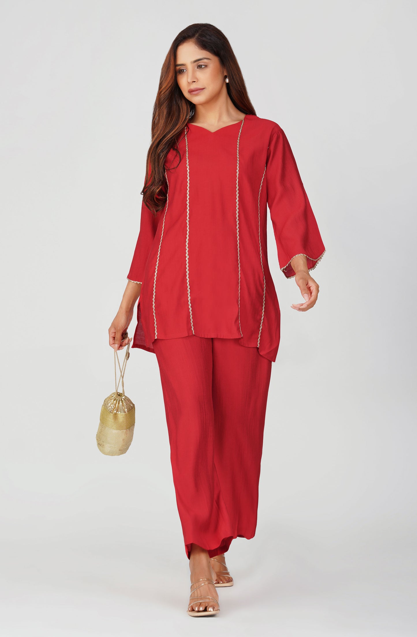 Cham Cham Co-ord Set – Red | Elegant V-Neck Short Kurta with Gold Threads – Bindigasm