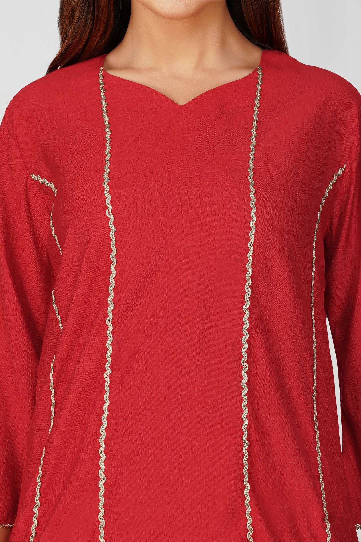 Cham Cham Co-ord Set – Red | Elegant V-Neck Short Kurta with Gold Threads – Bindigasm