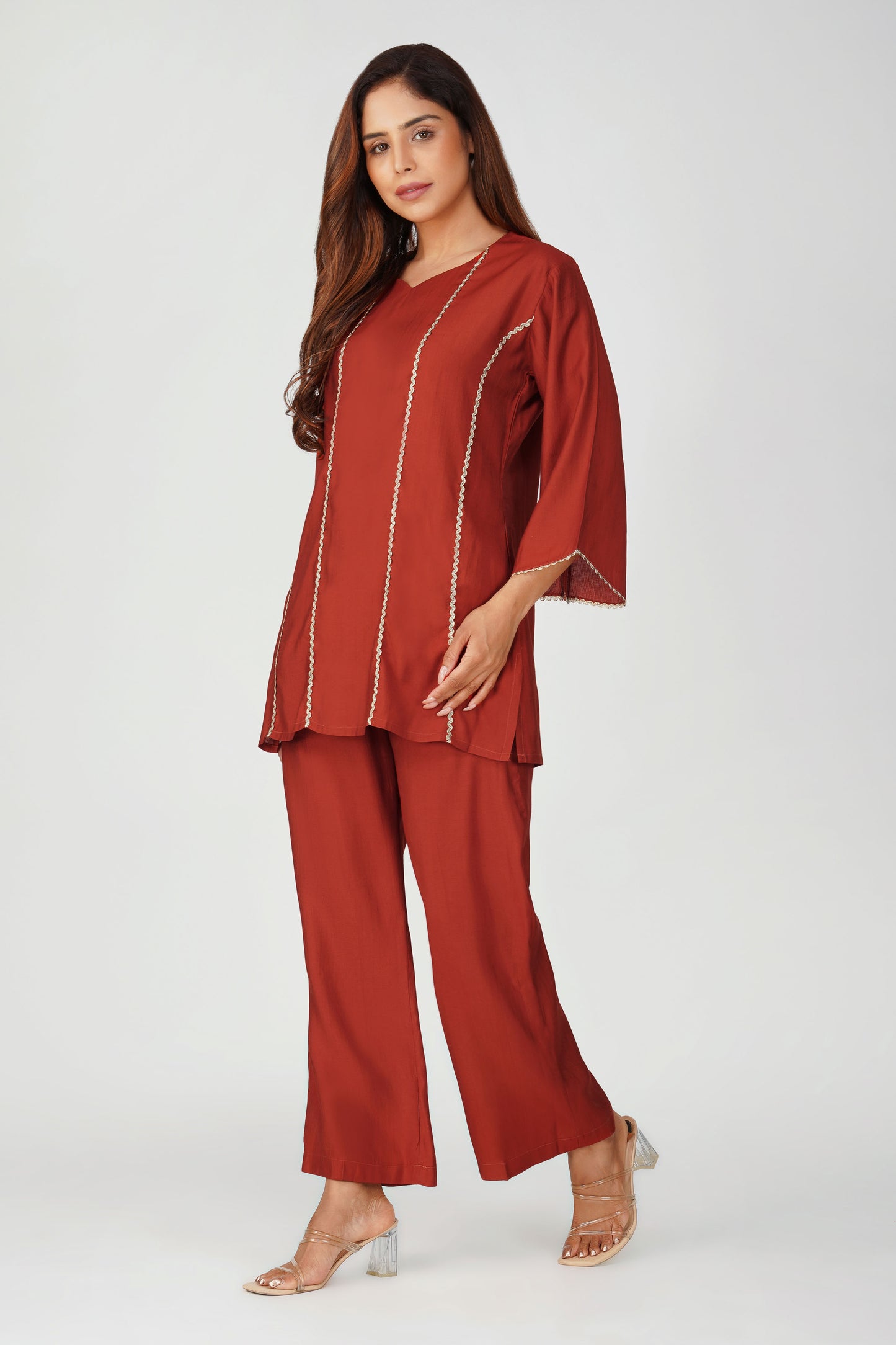 Cham Cham Co-ord Set – Rust Orange | Elegant V-Neck Short Kurta with Gold Threads – Bindigasm