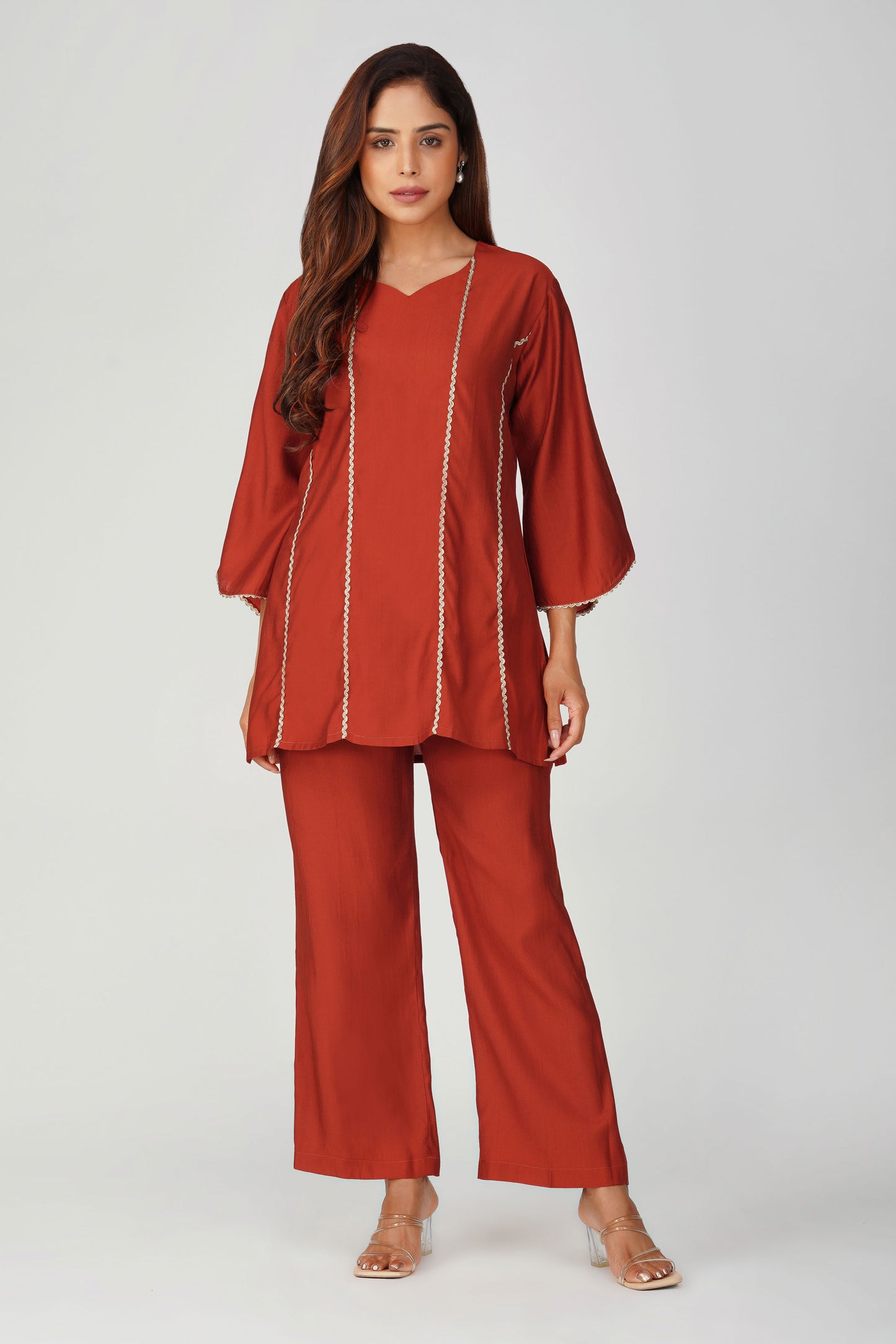 Cham Cham Co-ord Set – Rust Orange | Elegant V-Neck Short Kurta with Gold Threads – Bindigasm