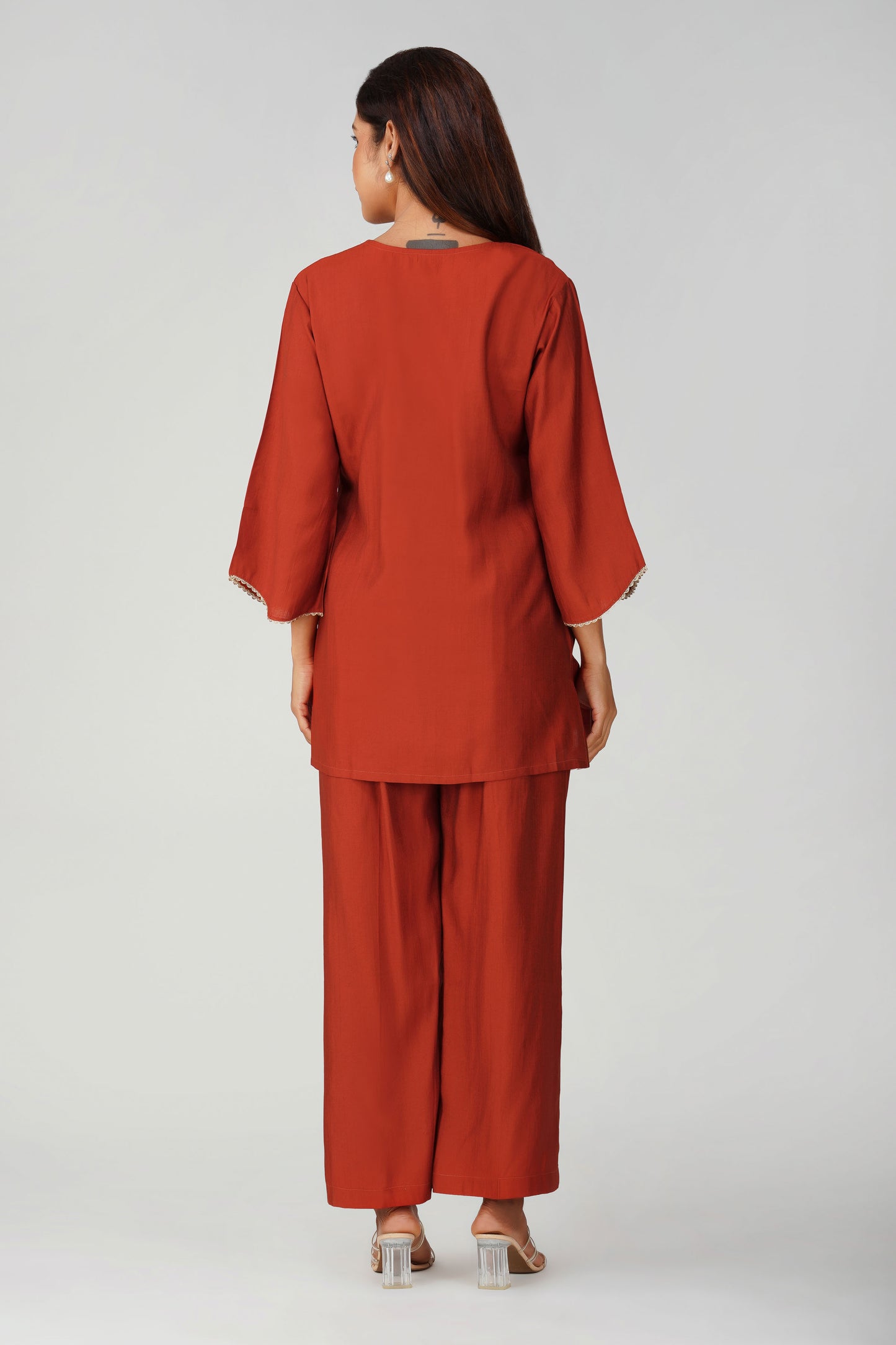 Cham Cham Co-ord Set – Rust Orange | Elegant V-Neck Short Kurta with Gold Threads – Bindigasm
