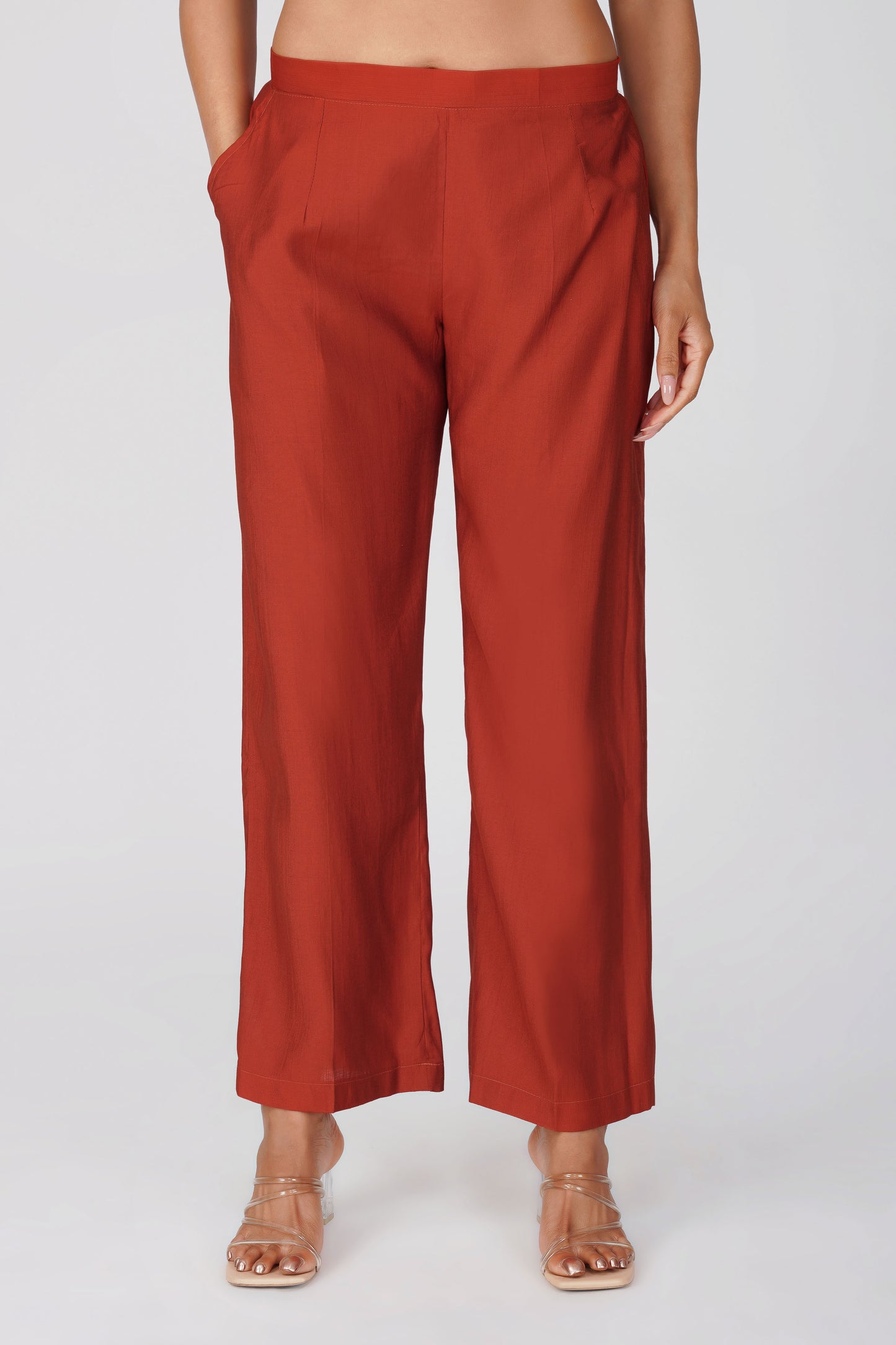 Cham Cham Co-ord Set – Rust Orange | Elegant V-Neck Short Kurta with Gold Threads – Bindigasm