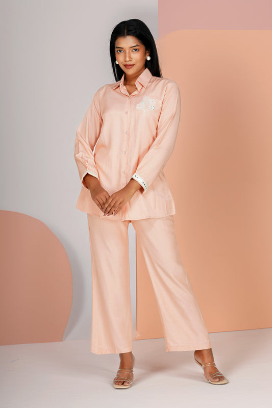 Peach Silk-Denim Co-ord Set – Embroidered Shirt & Relaxed Pants