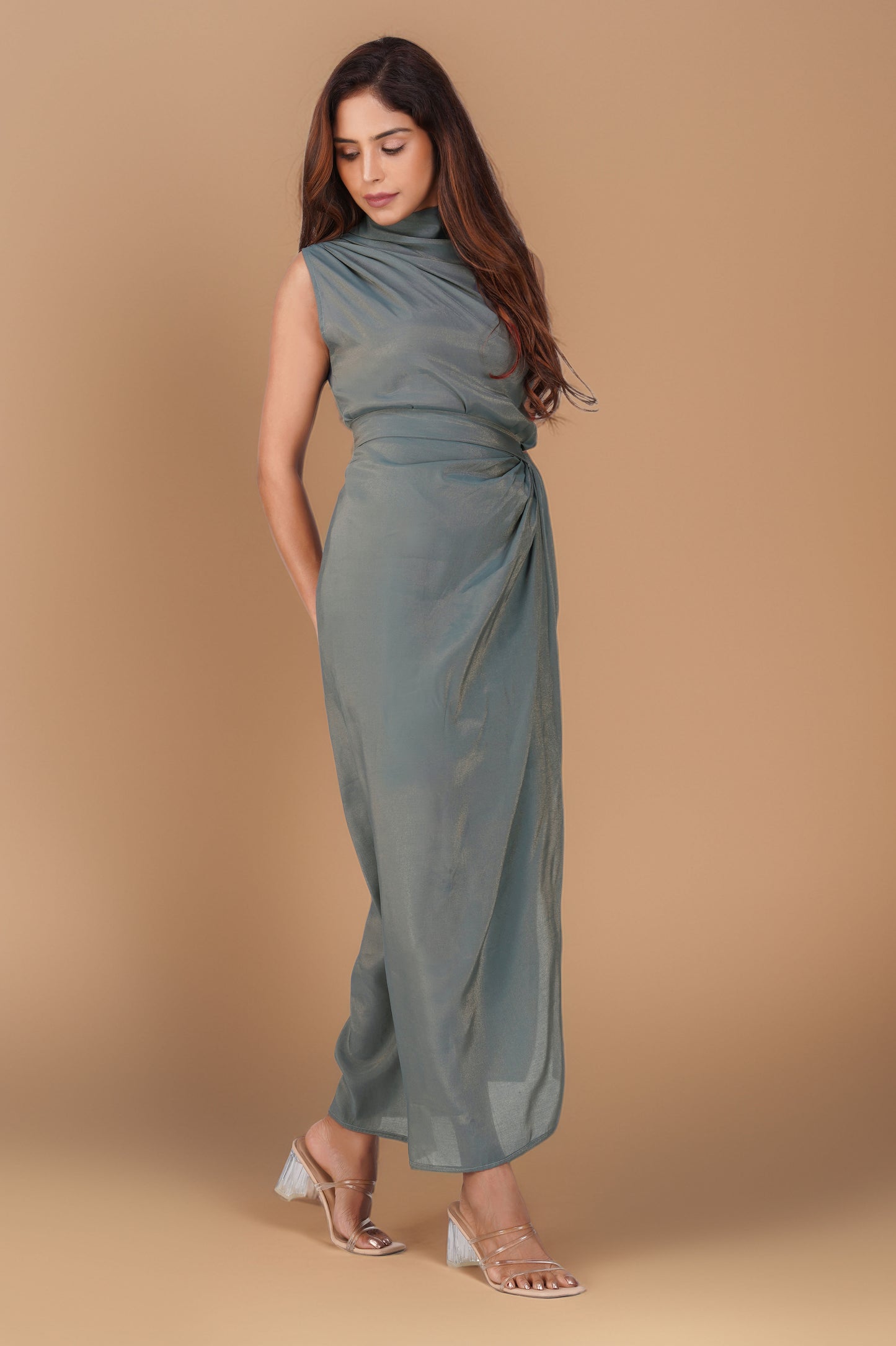 Malaika Shimmering Cowl Drape Coord Set – Charcoal Gray | Bindigasm