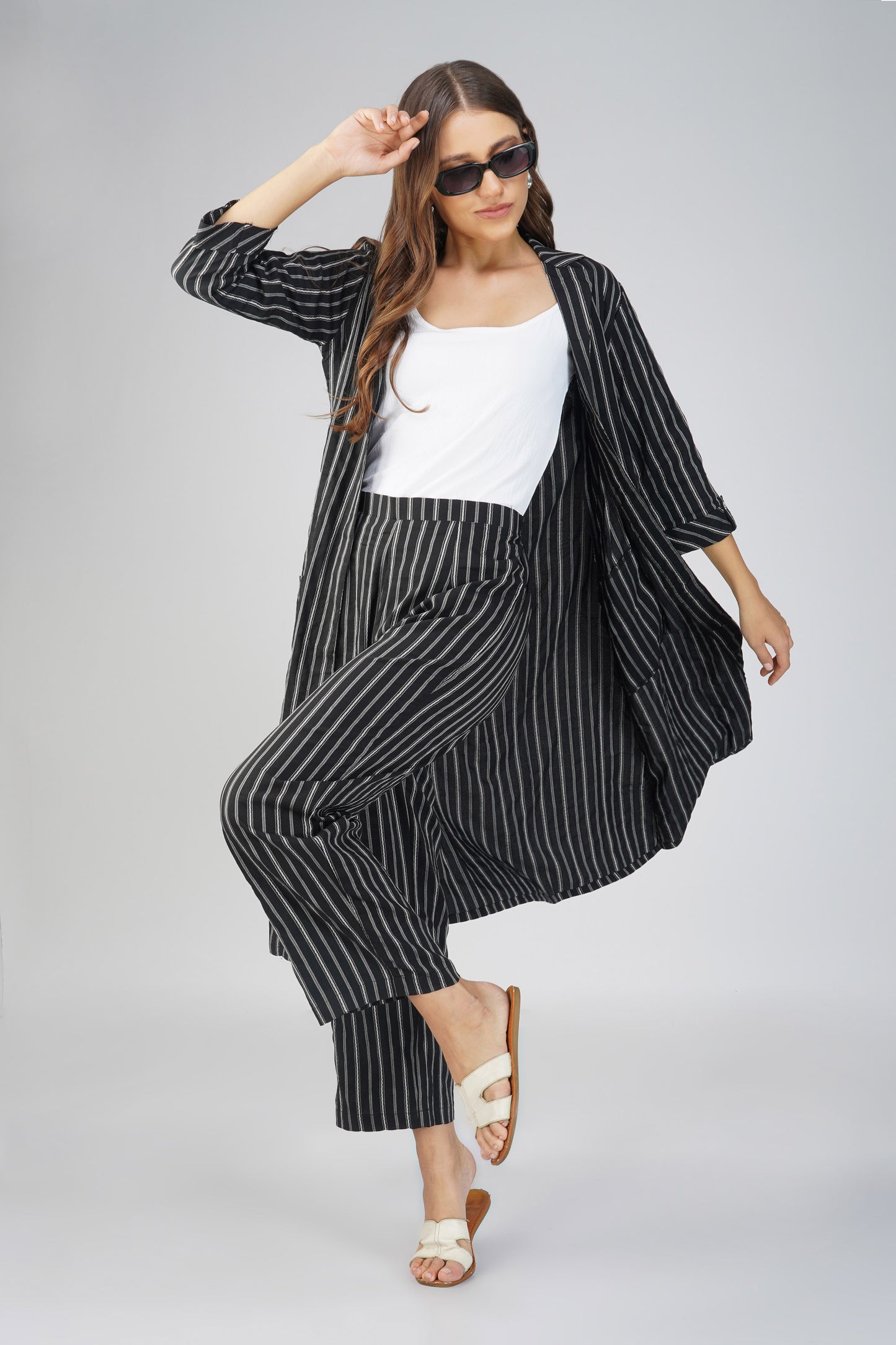 Raahi Black Jacket Co-ord Set – 3-Piece with Spaghetti Top & Striped Flared Pants