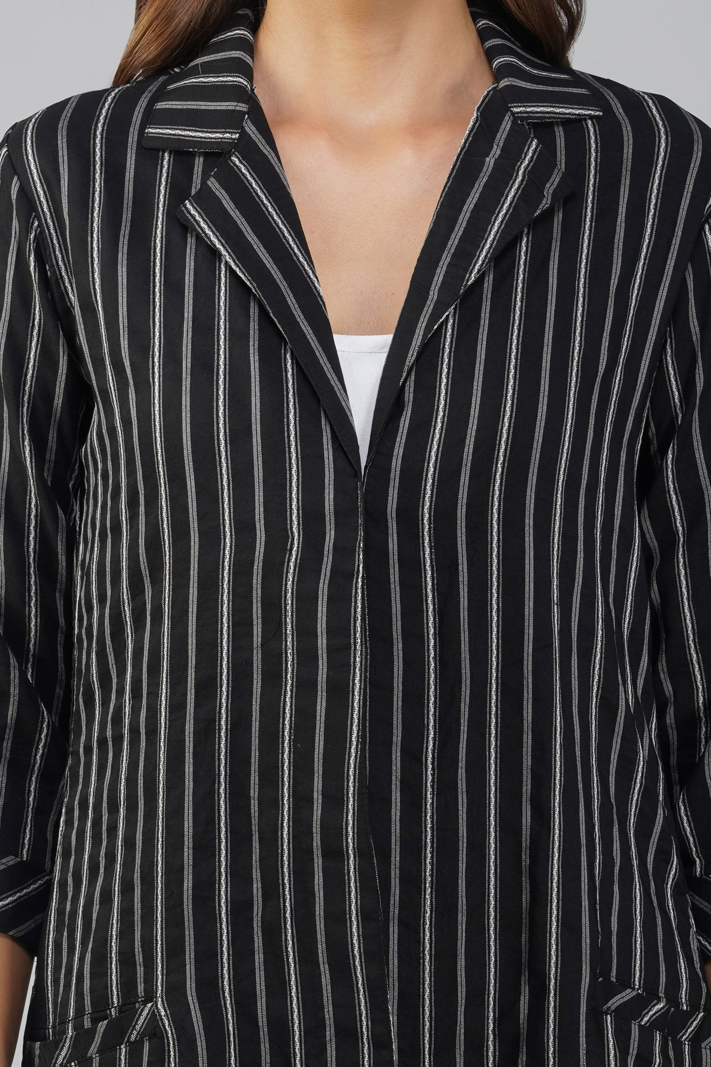 Raahi Black Jacket Co-ord Set – 3-Piece with Spaghetti Top & Striped Flared Pants