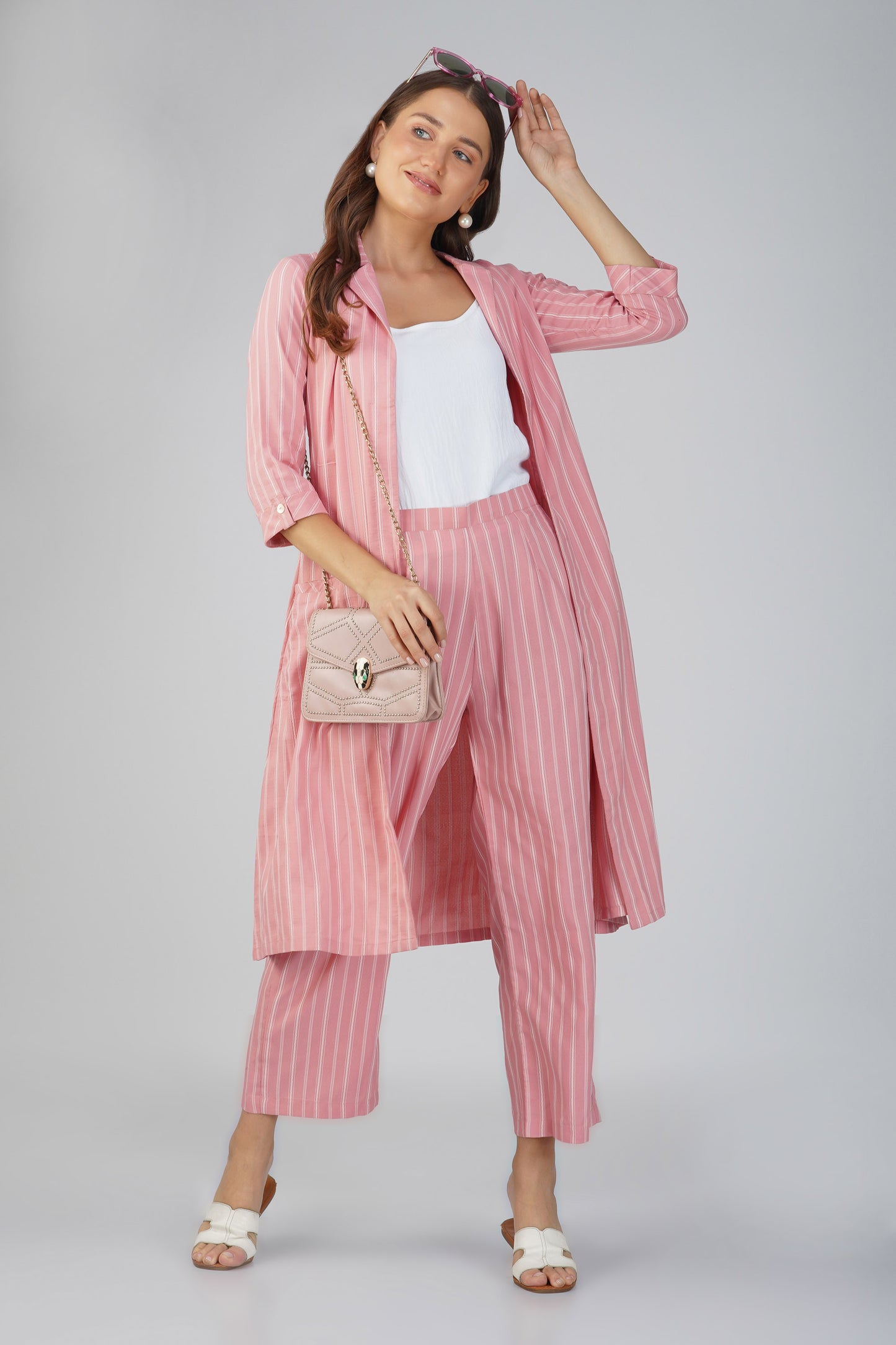 Raahi Blush Peach Jacket Co-ord Set – 3-Piece with Spaghetti Top & Striped Flared Pants