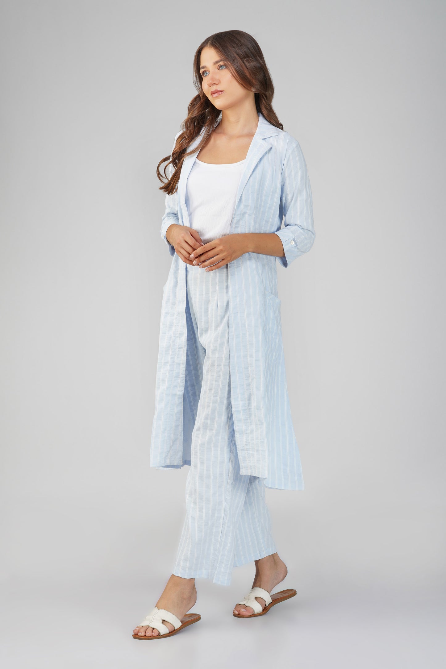 Raahi Light Blue Jacket Co-ord Set – 3-Piece with Spaghetti Top & Striped Flared Pants