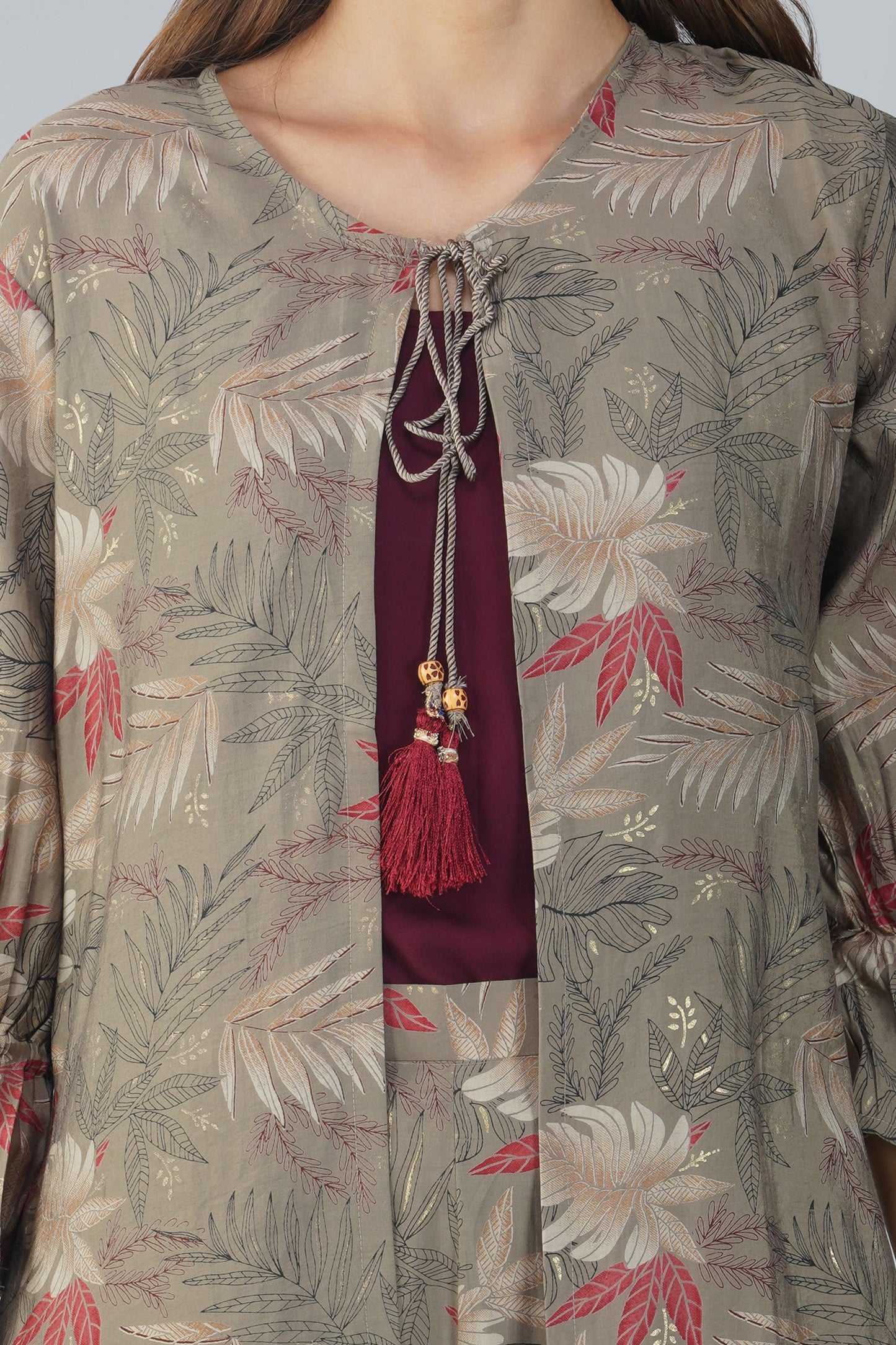 Meher Co-ord Set – Olive Green Printed Jacket, Maroon Spaghetti Top & Printed Pants (3-Piece Set)