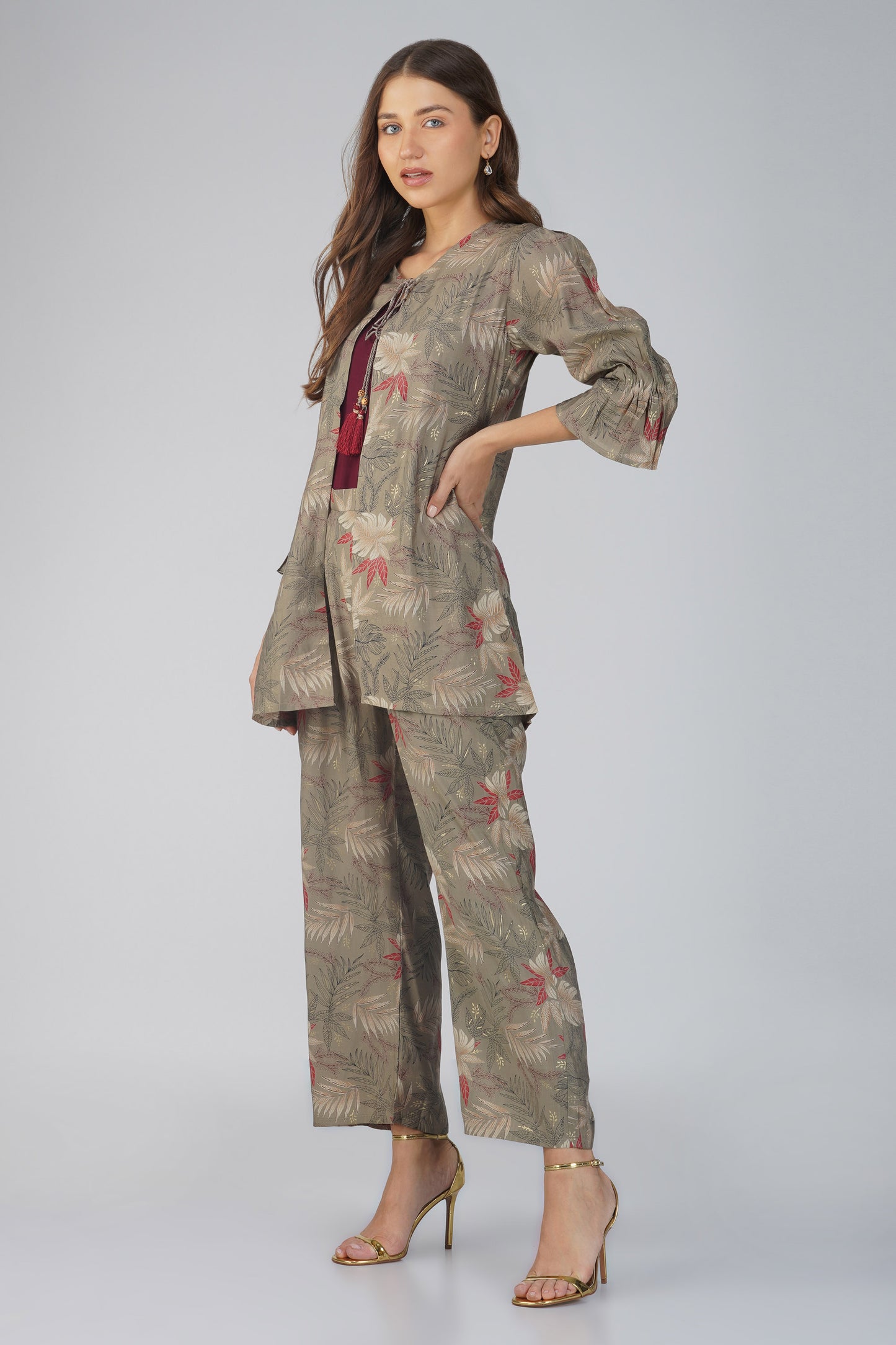 Meher Co-ord Set – Olive Green Printed Jacket, Maroon Spaghetti Top & Printed Pants (3-Piece Set)