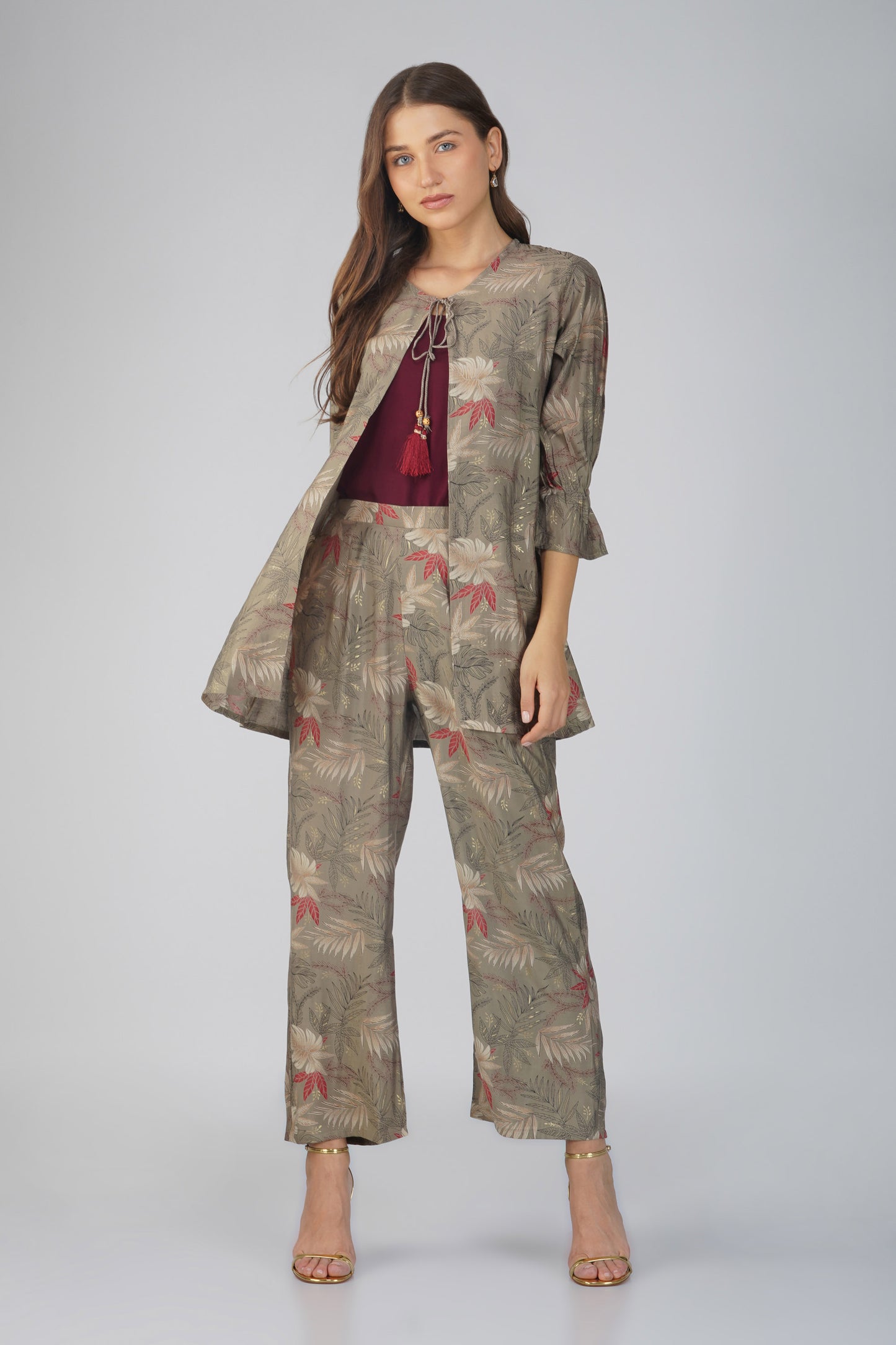 Meher Co-ord Set – Olive Green Printed Jacket, Maroon Spaghetti Top & Printed Pants (3-Piece Set)