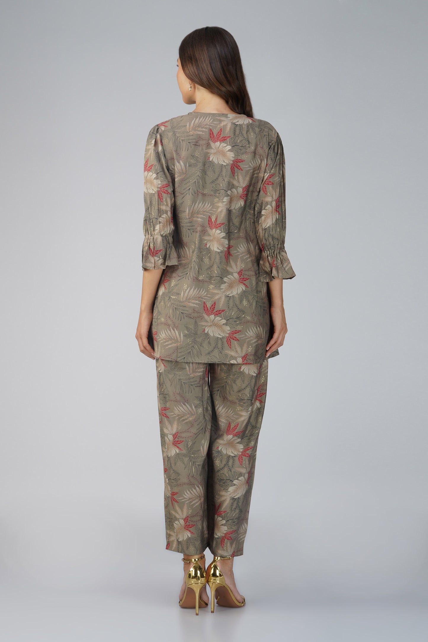 Meher Co-ord Set – Olive Green Printed Jacket, Maroon Spaghetti Top & Printed Pants (3-Piece Set)