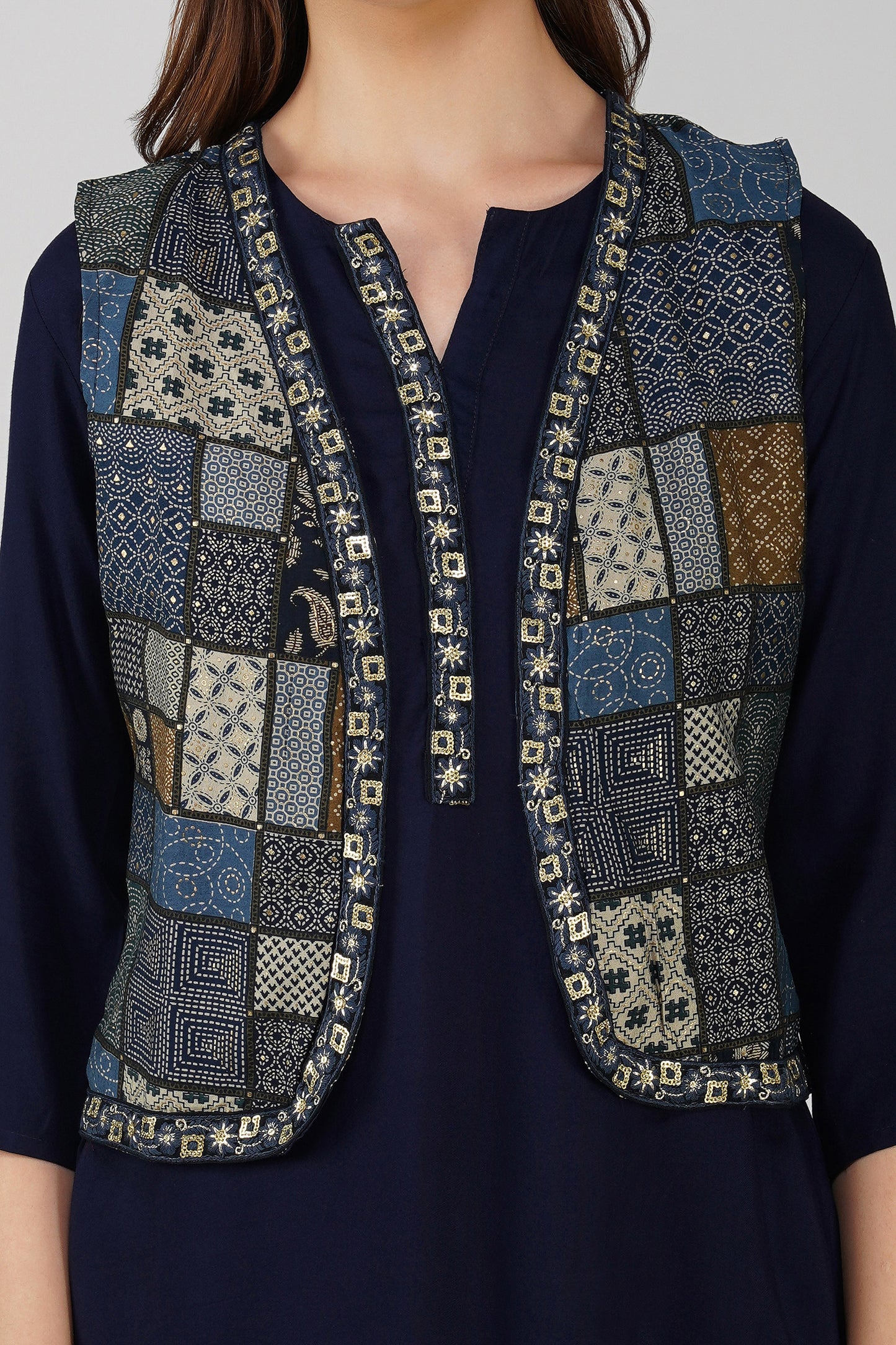 Afreen Afghani Set – Navy Kurta, Printed Dhoti Pants & Embellished Vest (3-Piece Set)