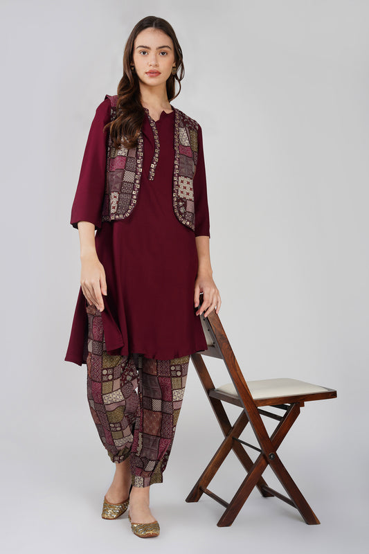 Afreen Afghani Set – Maroon Kurta, Printed Dhoti Pants & Embellished Vest (3-Piece Set)