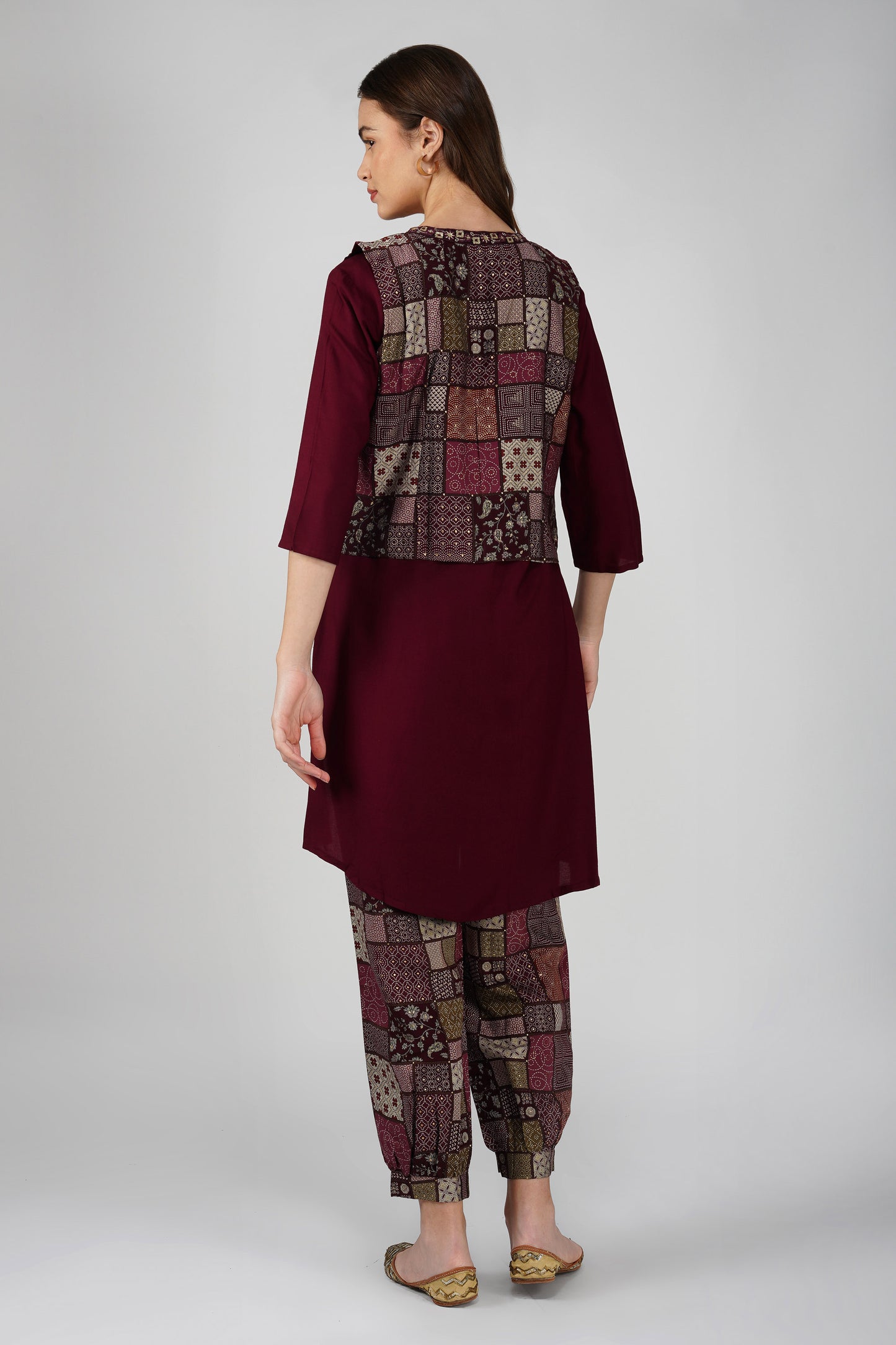 Afreen Afghani Set – Maroon Kurta, Printed Dhoti Pants & Embellished Vest (3-Piece Set)