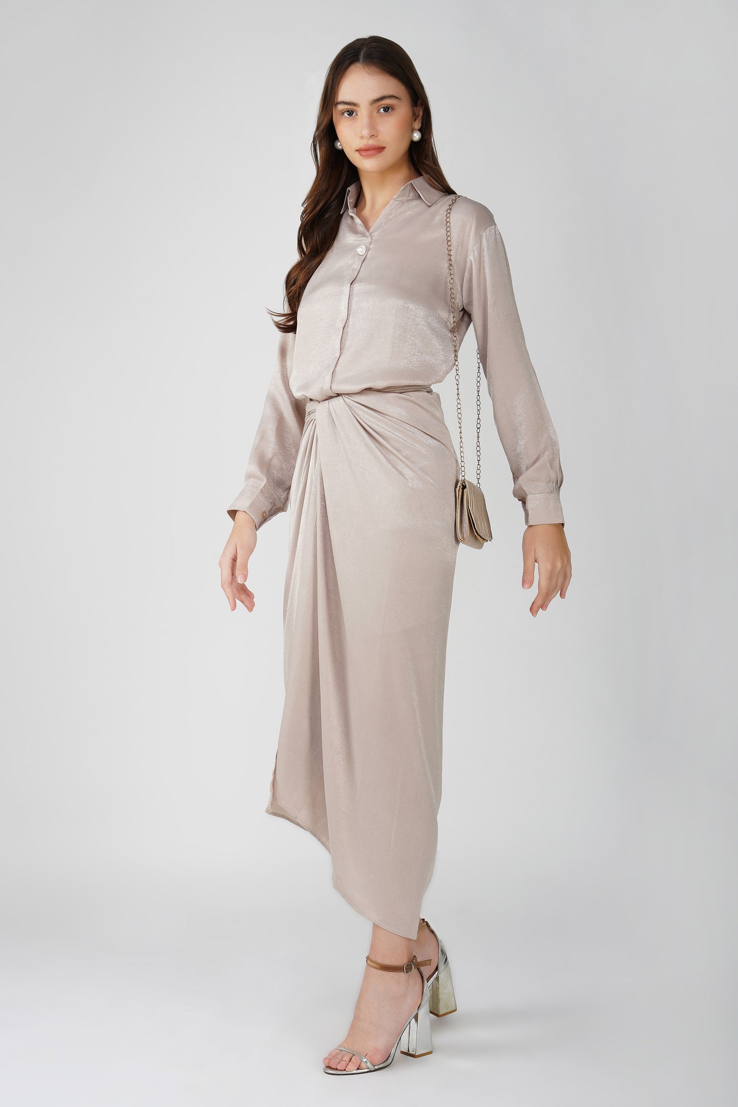 Nura Drape Skirt Set – Champagne Glow (3-Piece Set)